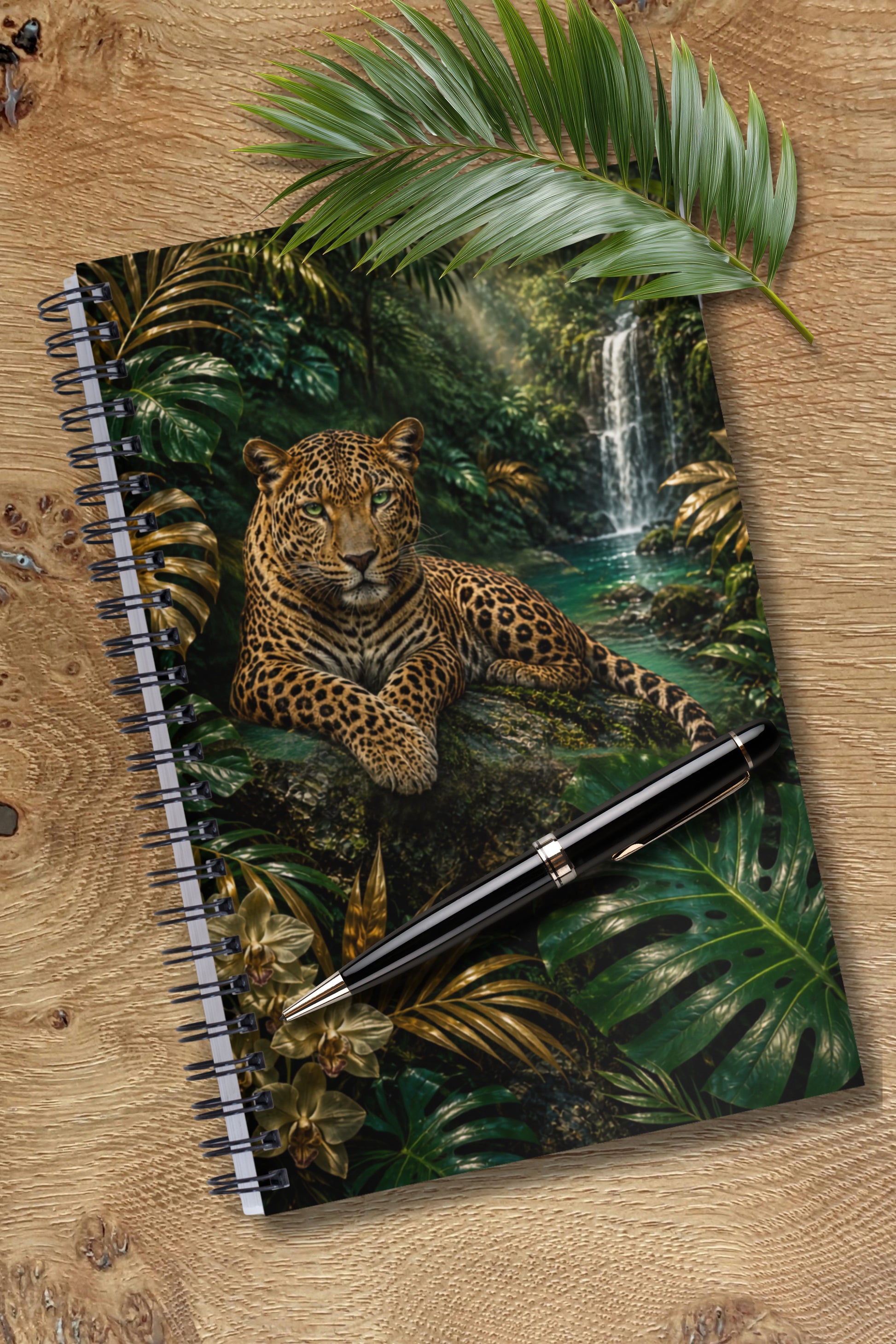 Spiralnotizbuch mit Leopard am Wasserfall im Regenwald, dekorativ zusammen mit einem schwarzen Kugelschreiber auf einer Holzoberfläche arrangiert.