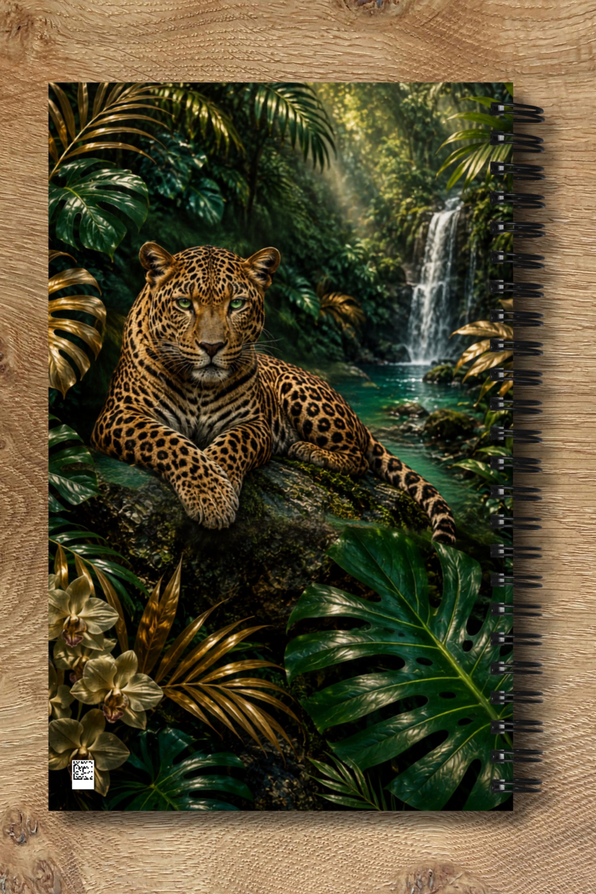 Spiralnotizbuch mit gestalteter Rückseite, auf der das Leopardmotiv harmonisch vor tropischer Regenwaldkulisse mit Wasserfall fortgeführt wird.