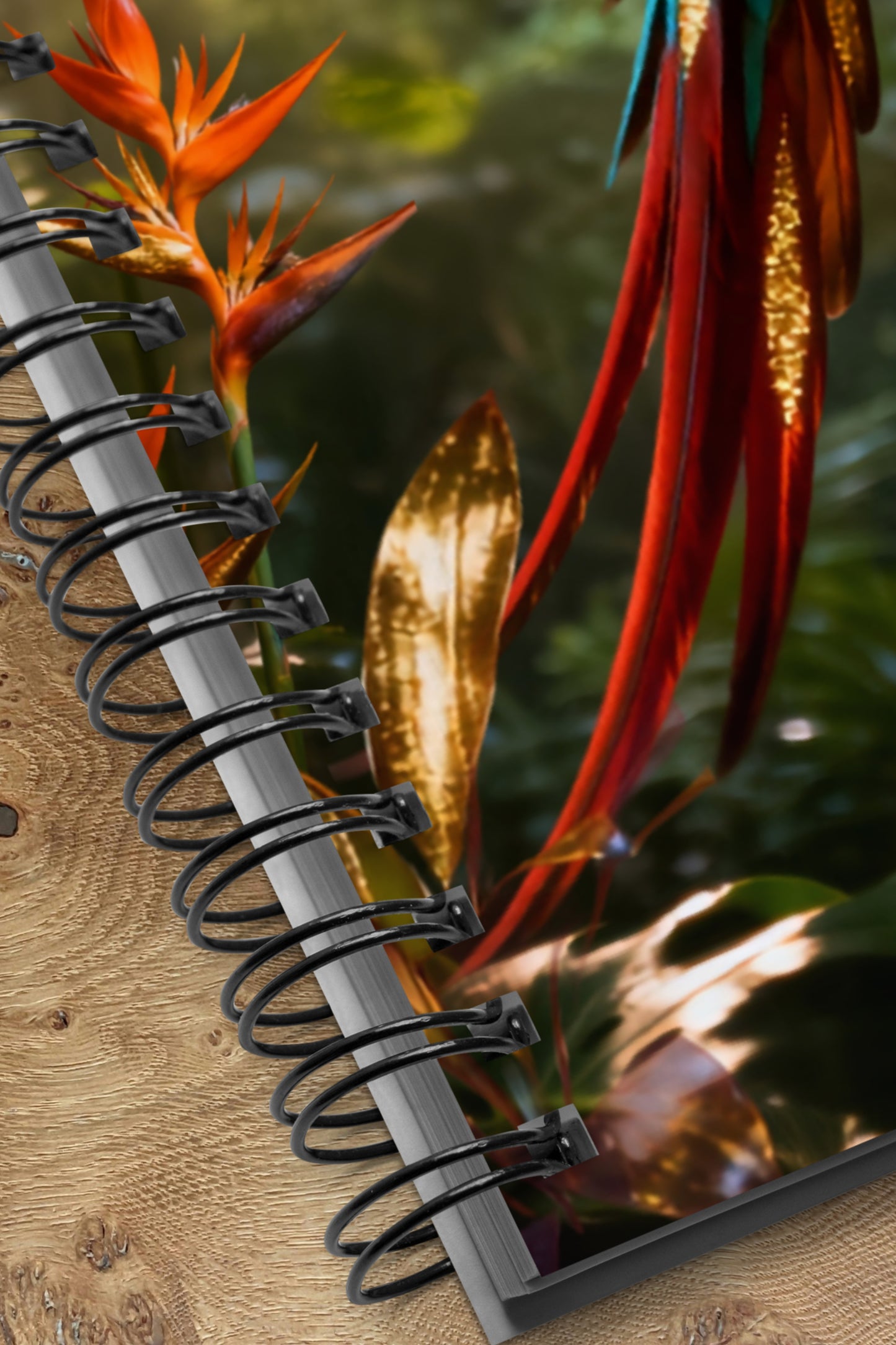 Spiralnotizbuch mit Detailansicht der Metallspiralbindung und des hochwertigen Drucks des Aramotivs.