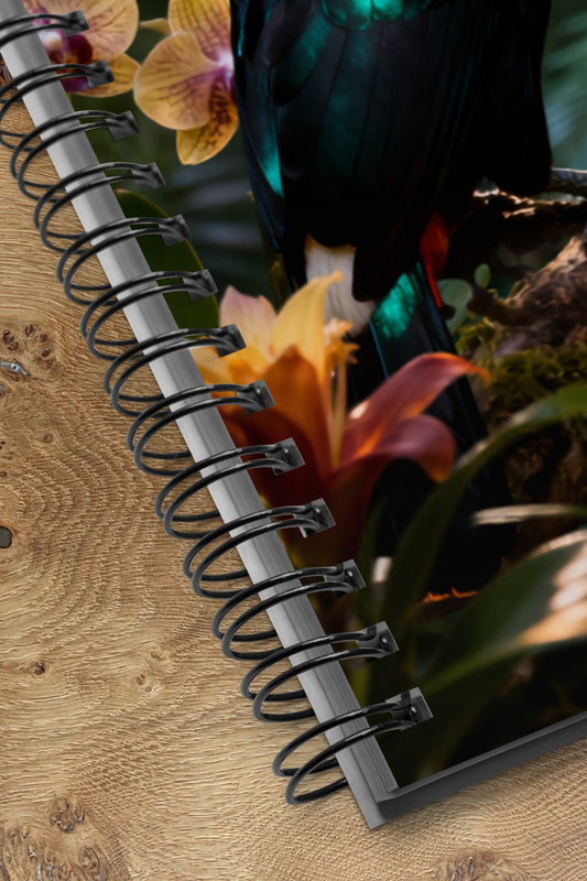Spiralnotizbuch mit Tukanmotiv als Detailaufnahme der hochwertigen Spiralbindung und des farbenprächtigen Covers mit tropischer Regenwaldgestaltung.