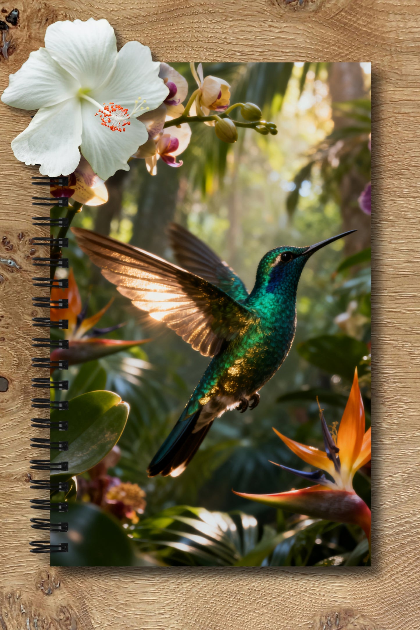 Spiralnotizbuch Vorderseite mit schillerndem Kolibri im tropischen Regenwald, dekorativ arrangiert mit einer weißen Hibiskusblüte auf einer Holzoberfläche.