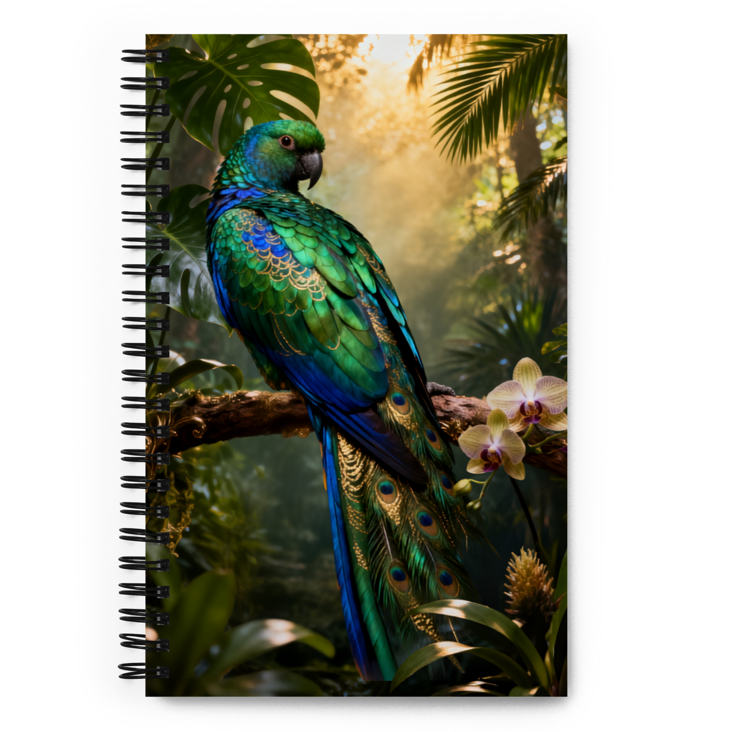 Spiralnotizbuch mit schillerndem exotischem Vogel vor tropischer Regenwaldkulisse als transparente Vorderseitenansicht.