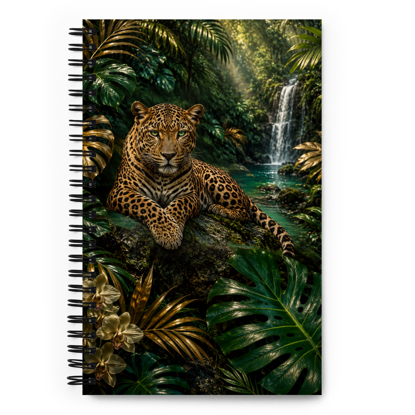 Spiralnotizbuch mit transparent freigestellter Vorderseite und Leopard am Wasserfall inmitten einer tropischen Regenwaldlandschaft.
