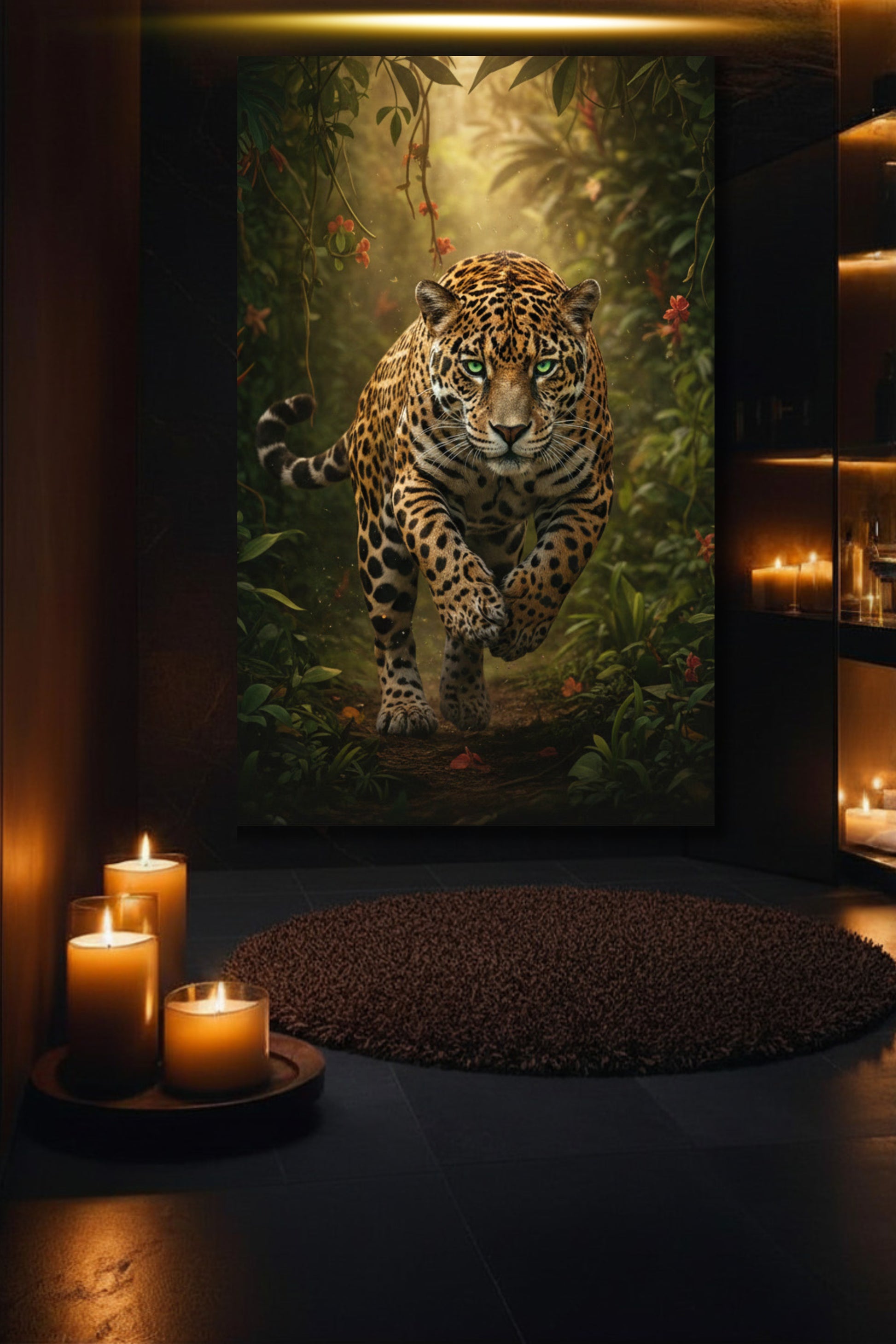 Jaguar Leinwand in luxuriösem Badezimmer mit warmem Licht und ruhiger Atmosphäre