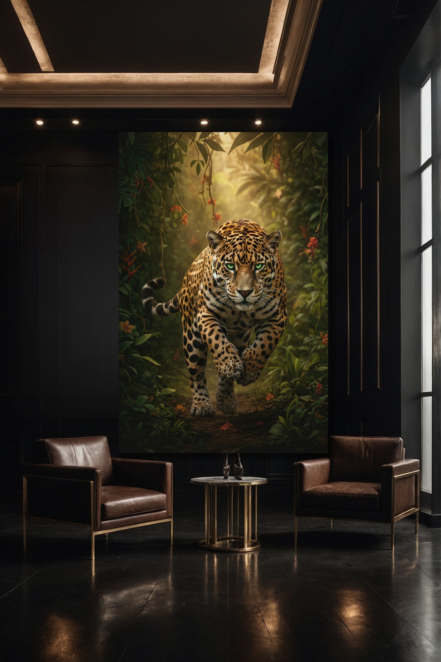 Jaguar Leinwand in eleganter Galerie mit Fokus auf dynamische Tierdarstellung und Tiefenwirkung