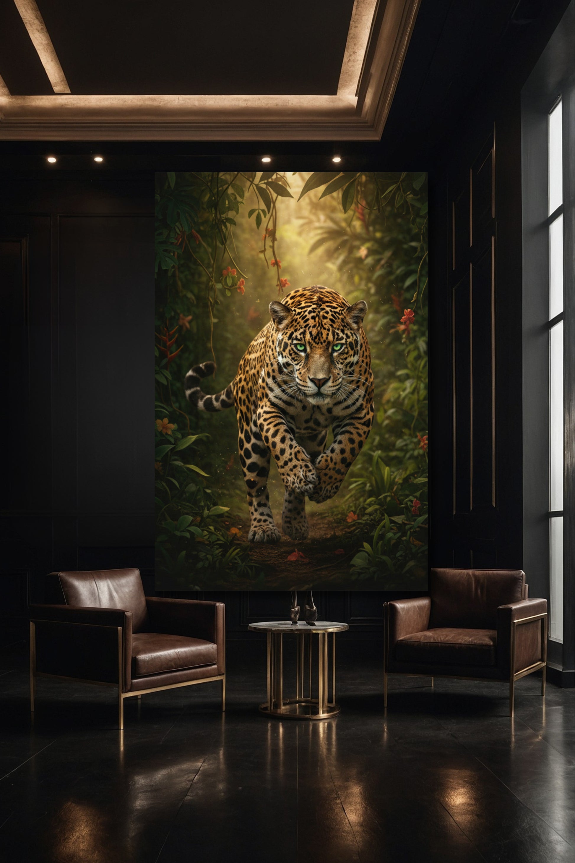 Jaguar Leinwand in eleganter Galerie mit Fokus auf dynamische Tierdarstellung und Tiefenwirkung