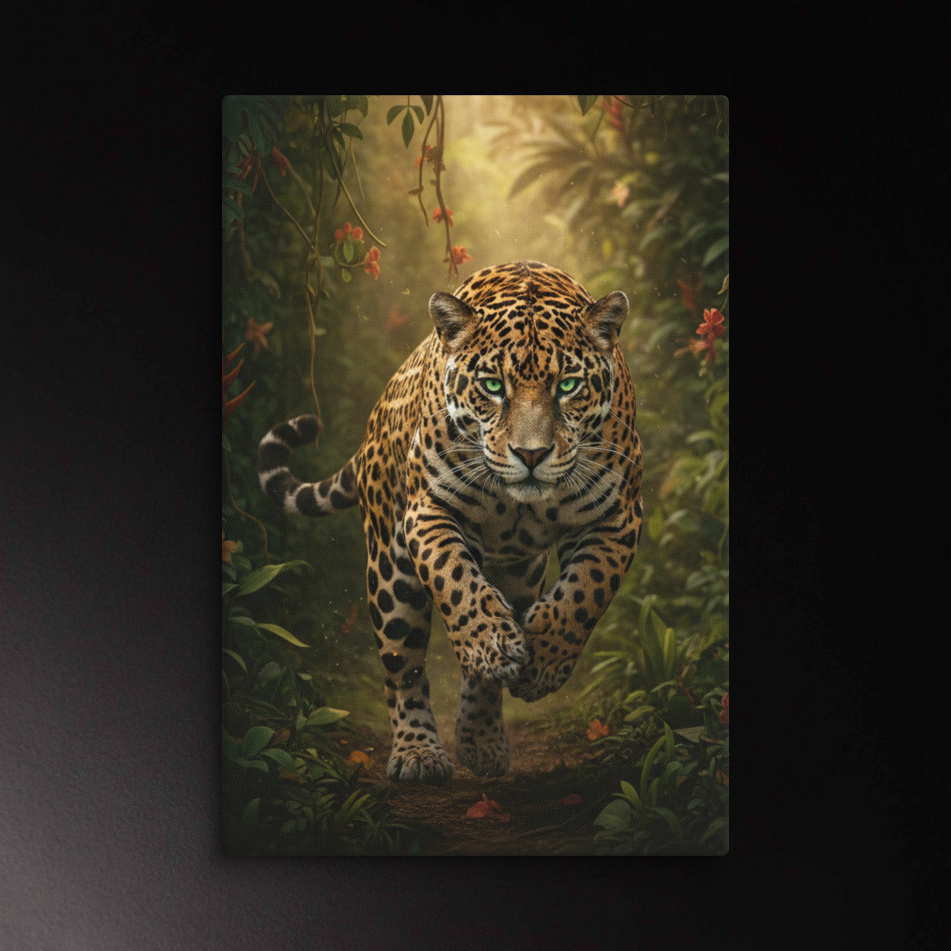 Jaguar Leinwand mit dynamischer Bewegung und direktem Blick in tropischer Umgebung