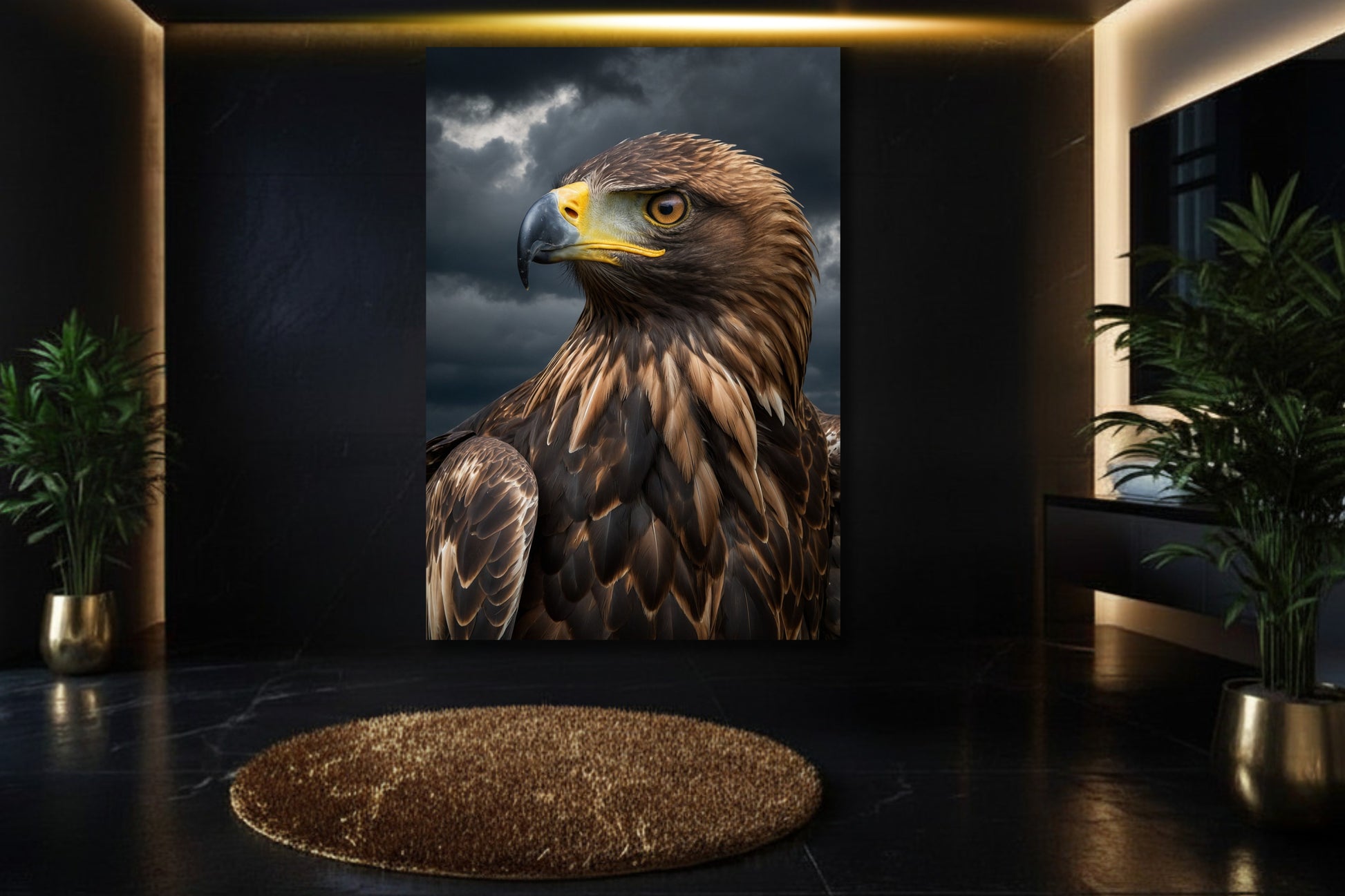 Steinadler im Sturmhimmel Poster in stilvollem Badezimmer an dunkler Wand 