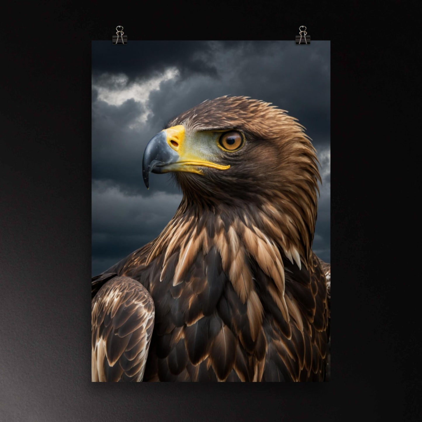 Steinadler vor dramatischem Sturmhimmel – detailreiche Wandkunst mit klarer Blickführung