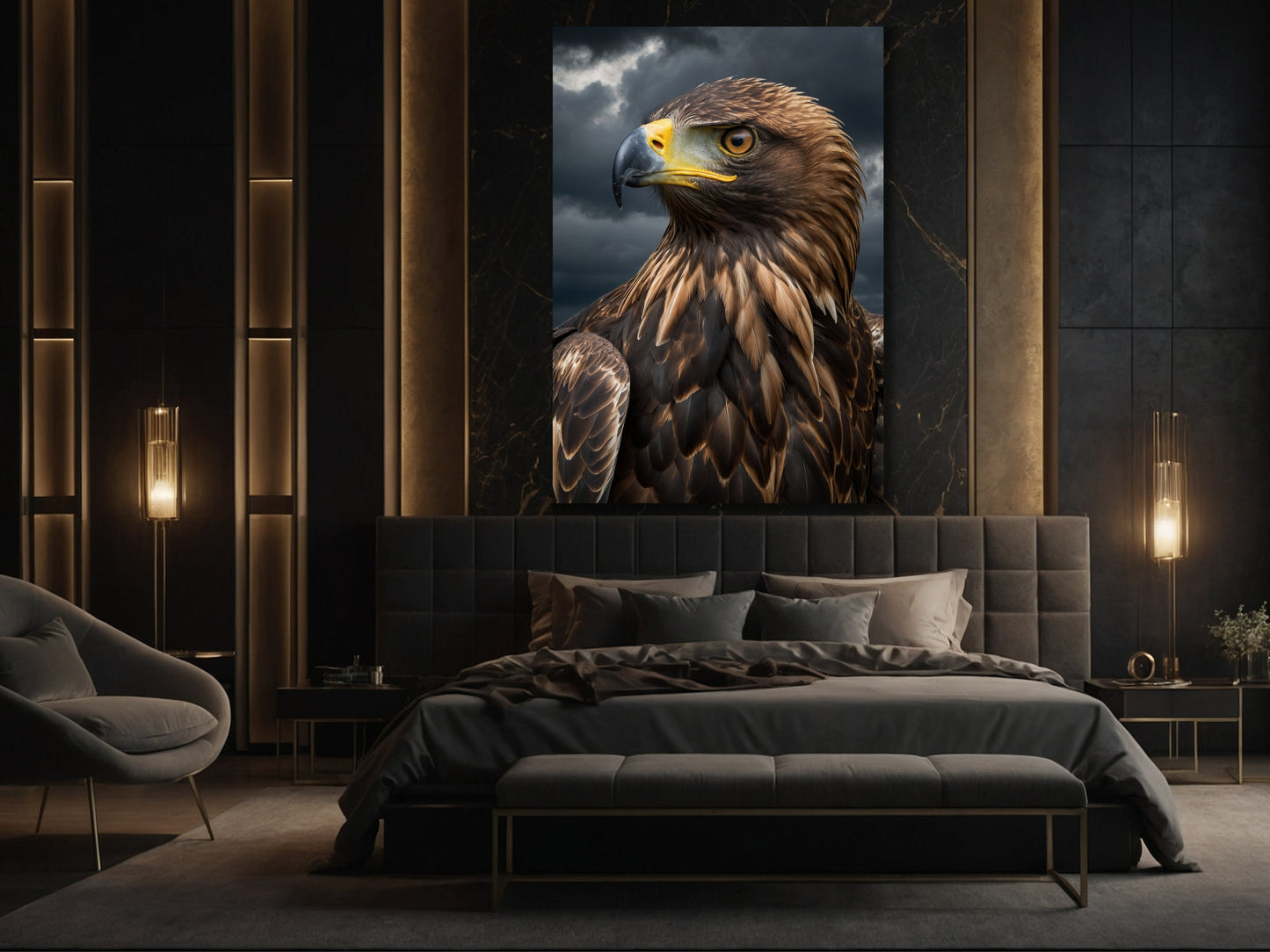 Steinadler im Sturmhimmel als Poster in stilvollem Schlafzimmer über einem Bett an dunkler Wand mit messingfarbenen Akzenten