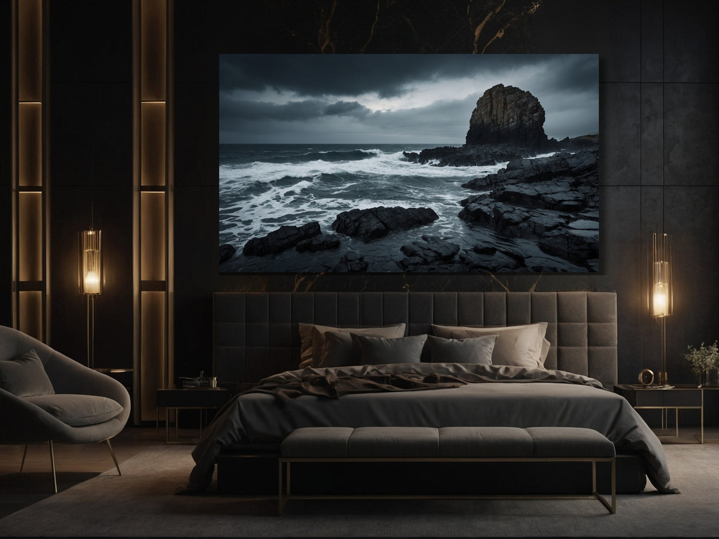 Landschaftsposter mit bewegtem Meer und dunklen Felsen im Schlafzimmer – ruhige Bildwirkung für elegante Räume