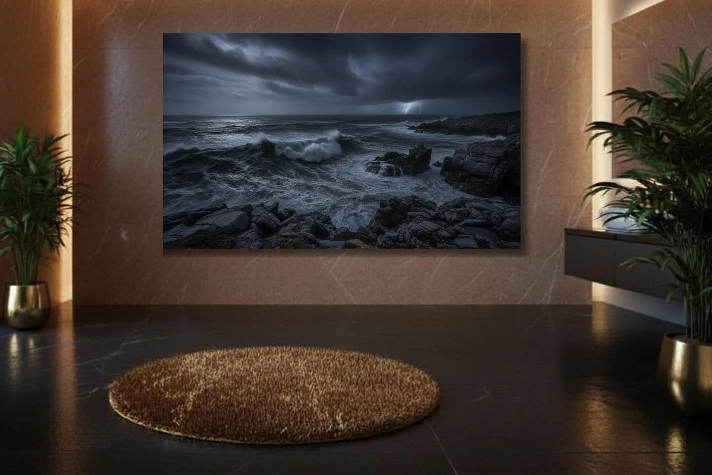 Ozeanlandschaft Poster in elegantem Badezimmer mit Goldakzenten in ruhiger Atmosphäre