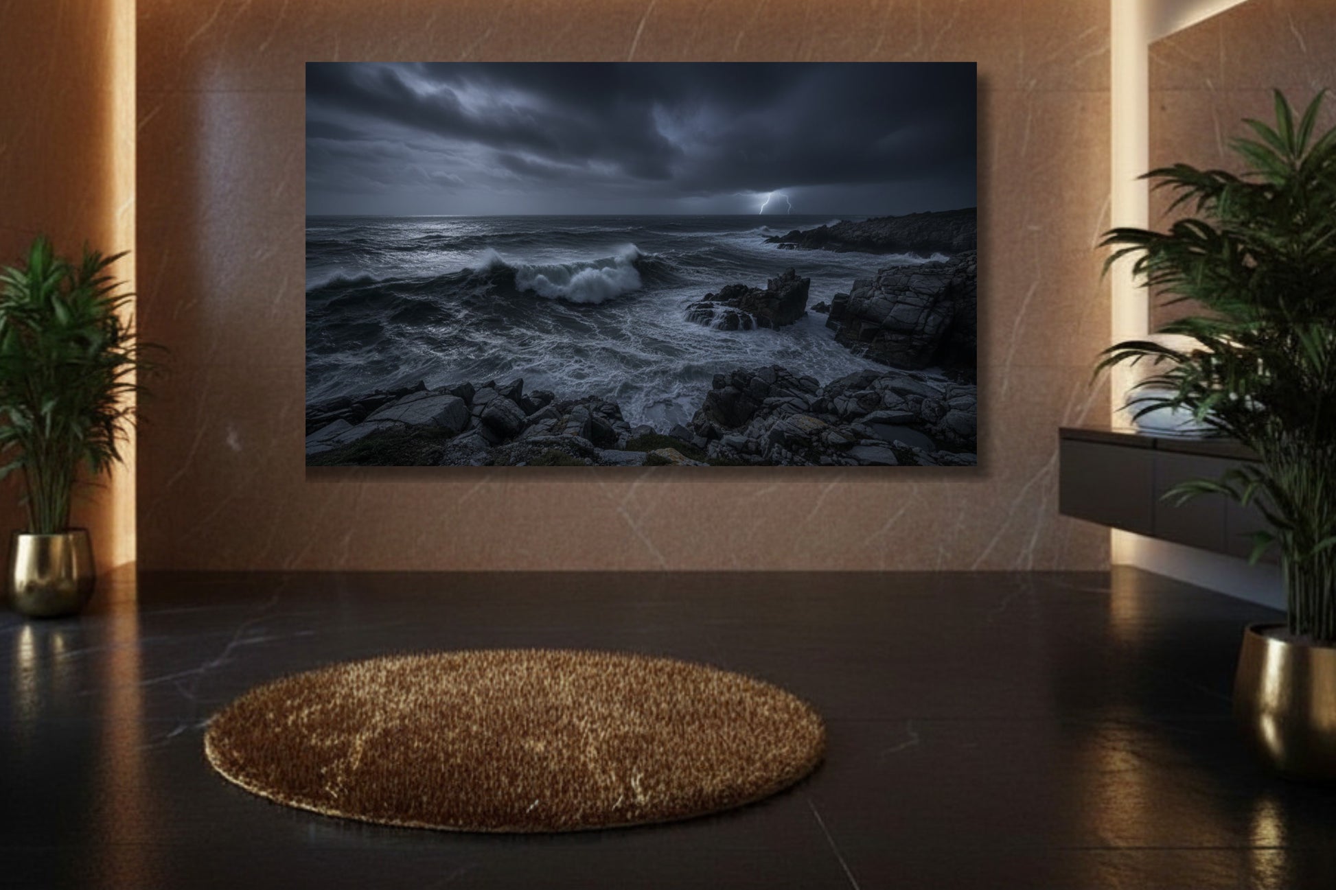Ozeanlandschaft Poster in elegantem Badezimmer mit Goldakzenten in ruhiger Atmosphäre