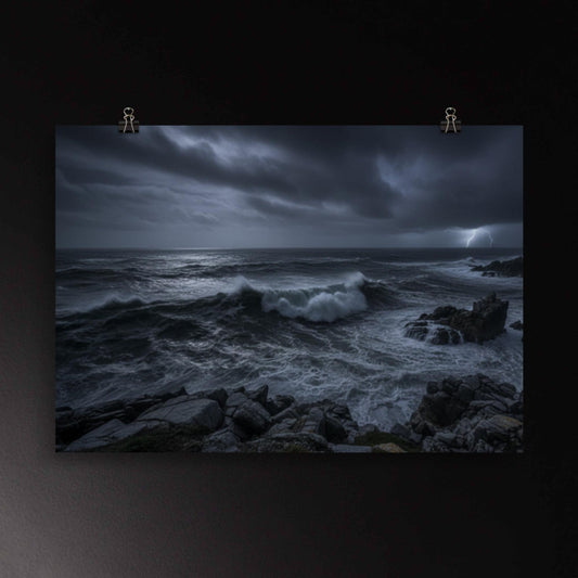 Sturmmeer bei Nacht Poster mit brechenden Wellen, Felsen und Gewitterhimmel