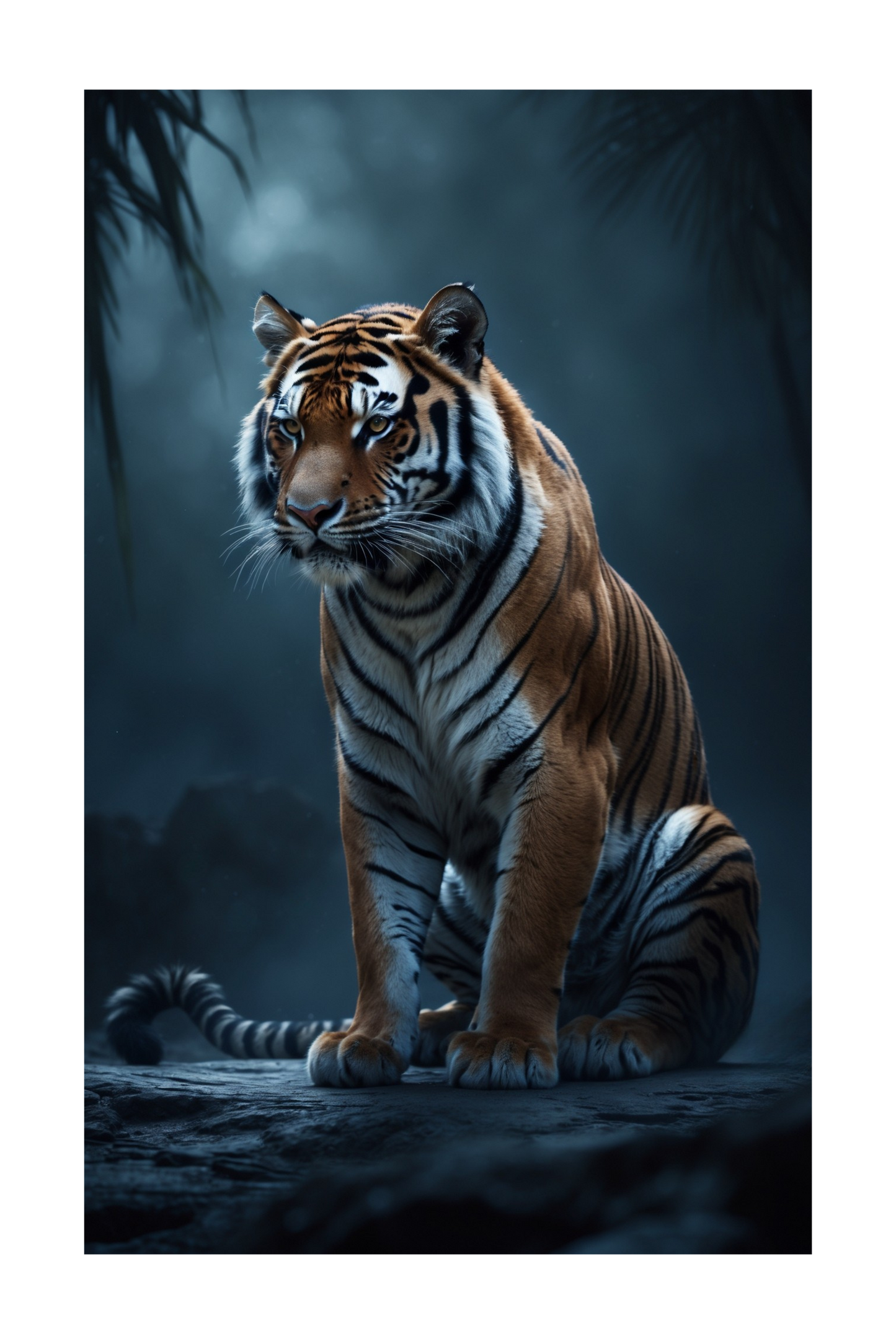 Freigestellter Tiger im Schatten des Dschungels als Motiv mit klarer Linienführung und ruhiger Präsenz