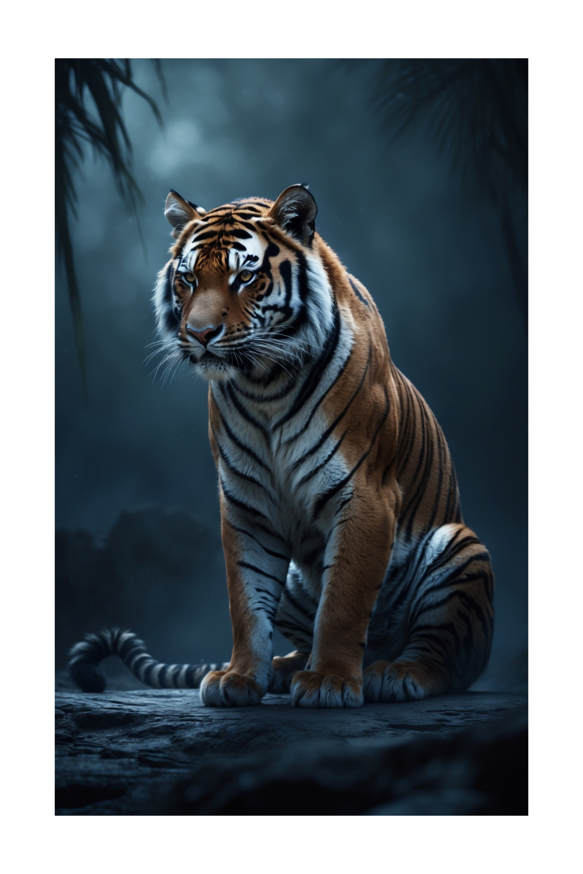 Freigestellter Tiger im Schatten des Dschungels als Motiv mit klarer Linienführung und ruhiger Präsenz