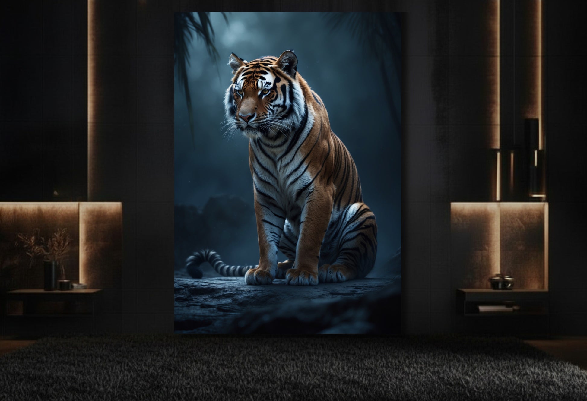 Tiger im Schatten des Dschungels als Wandkunst im Format 32x48 Zoll in elegantem Lounge Bereich mit dunkler Wand und Messingakzenten