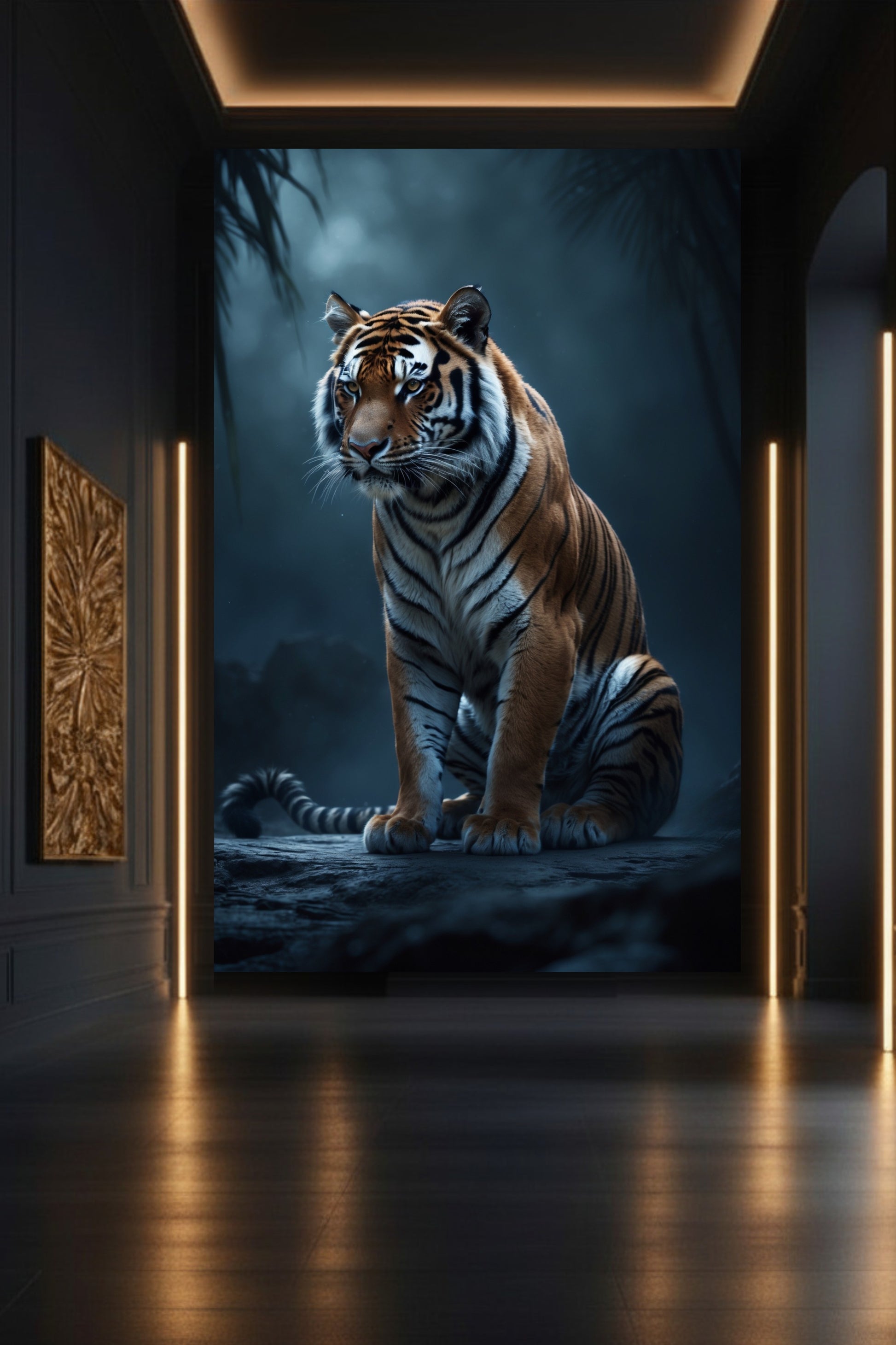 Tiger im Dschungelschatten als Wandkunst auf Leinwand im Format 32x48 Zoll in minimalistischem Galerie-Setting mit dunkler Wand und goldenen Lichtakzenten – intensive Tierkunst mit klarer Bildwirkung