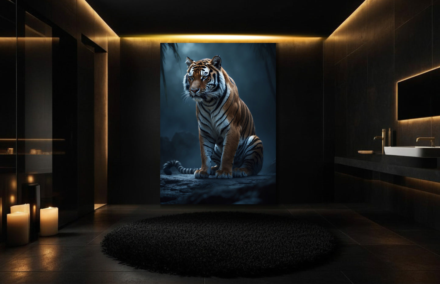Tiger im Schatten des Dschungels als Wandkunst im Format 32x48 Zoll in elegantem Badezimmer mit ruhiger Lichtstimmung