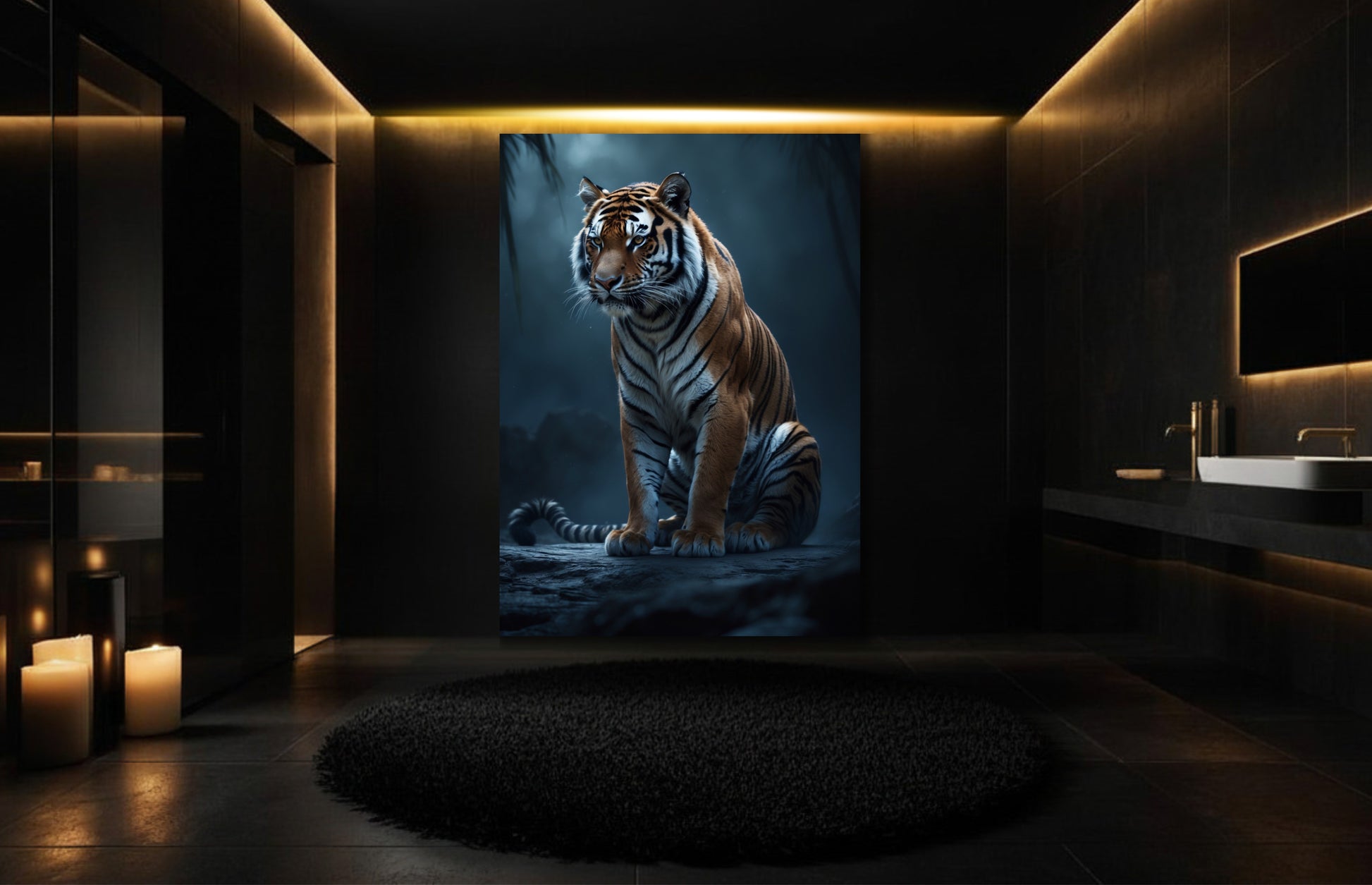 Tiger im Schatten des Dschungels als Wandkunst im Format 32x48 Zoll in elegantem Badezimmer mit ruhiger Lichtstimmung