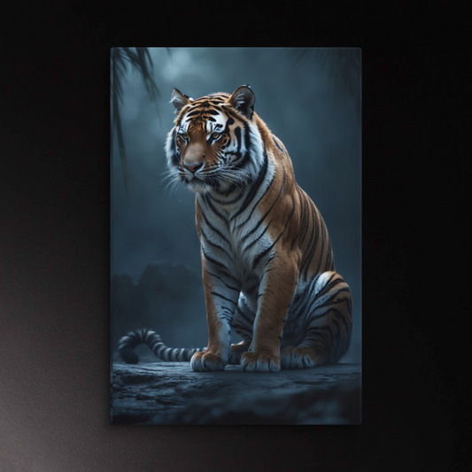 Tiger im Schatten des Dschungels in ruhiger Haltung – ausdrucksstarke Wandkunst mit klarer Struktur und intensiver Präsenz