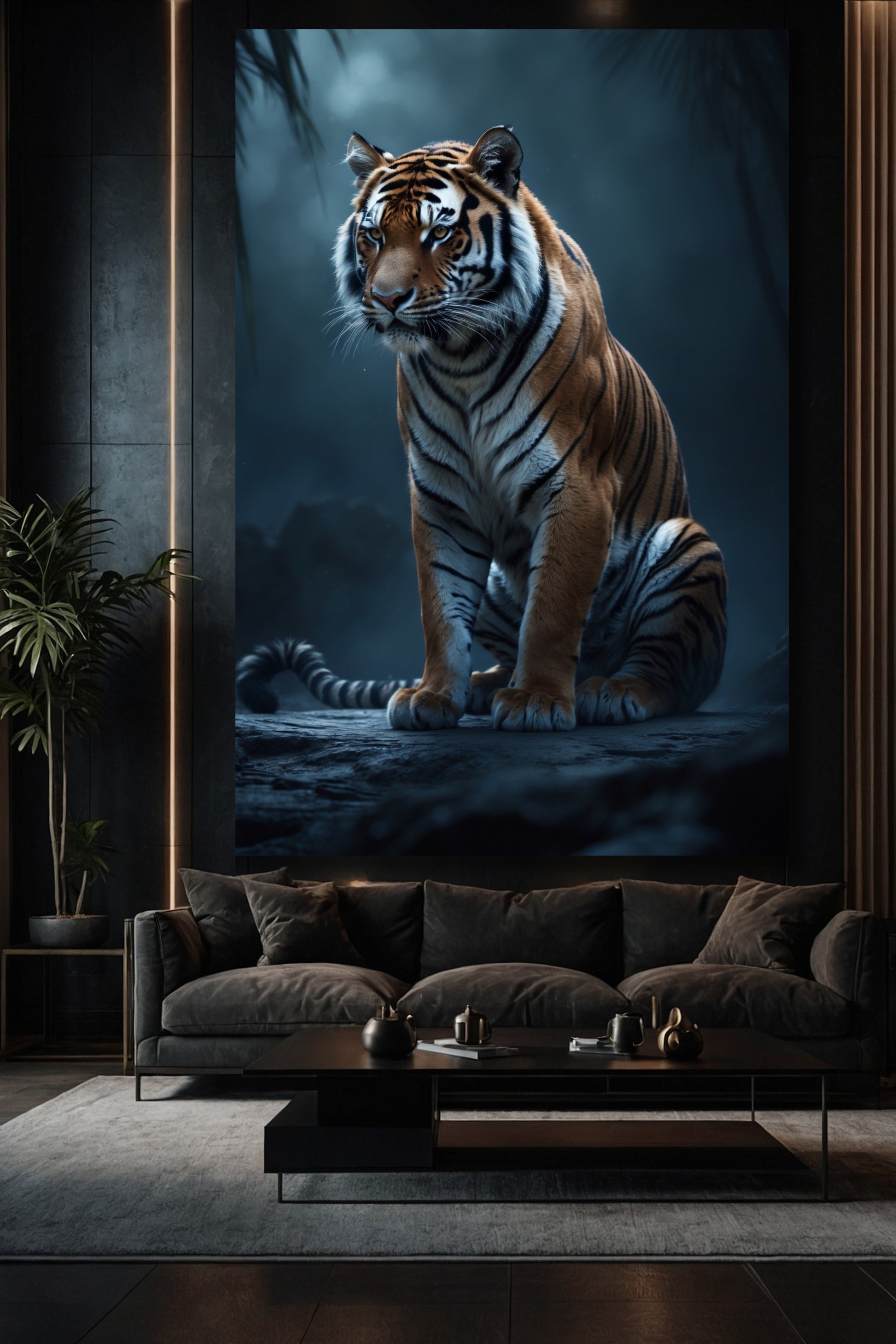 Tiger im Schatten des Dschungels als Wandkunst im Format 32x48 Zoll in stilvollem Wohnzimmer über einem Sofa mit dunkler Wand