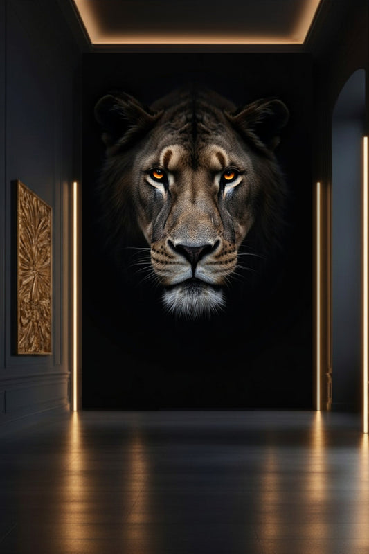 Tiger auf Leinwand in stilvoller Galerie mit dunkler Wand und warmem Licht – hochwertige Tierkunst mit klarer, intensiver Ausstrahlung