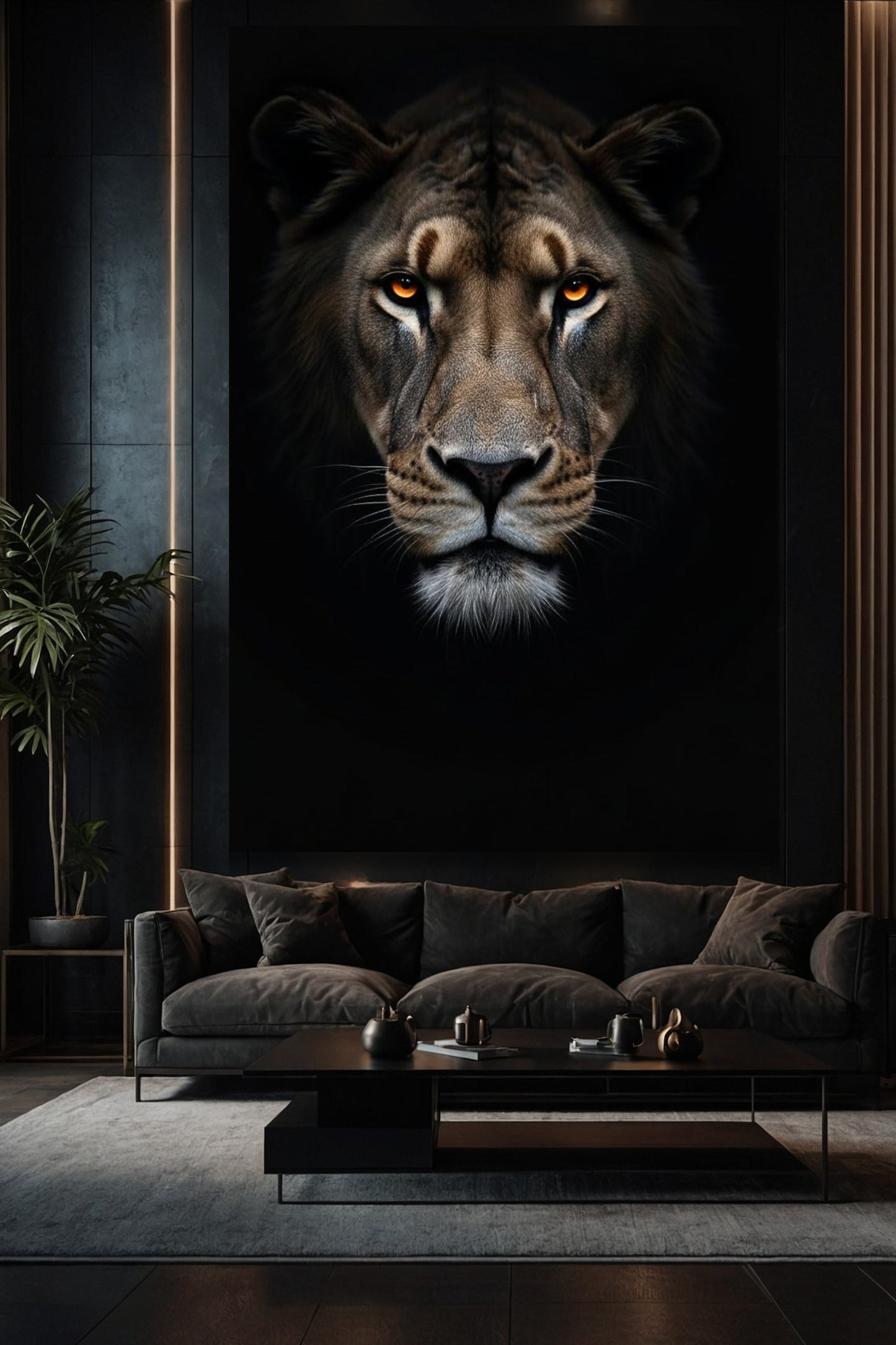 Große Tiger Leinwand 32x48 Zoll als Wandkunst über Sofa in modernem Wohnzimmer mit ruhiger Atmosphäre