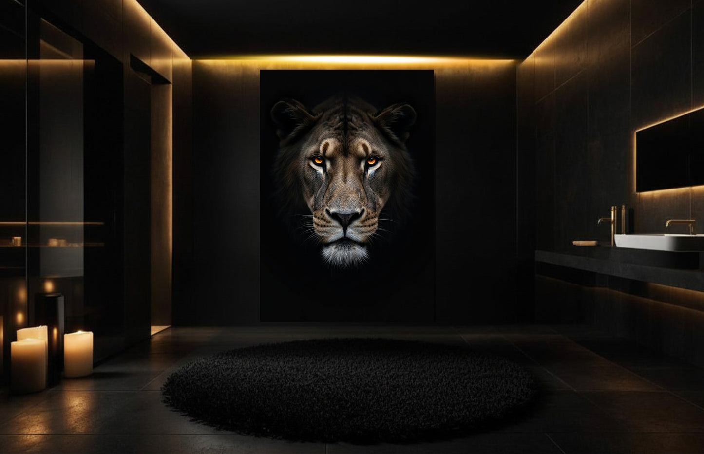 Tiger Wandkunst auf Leinwand in elegantem Badezimmer mit warmer Lichtstimmung