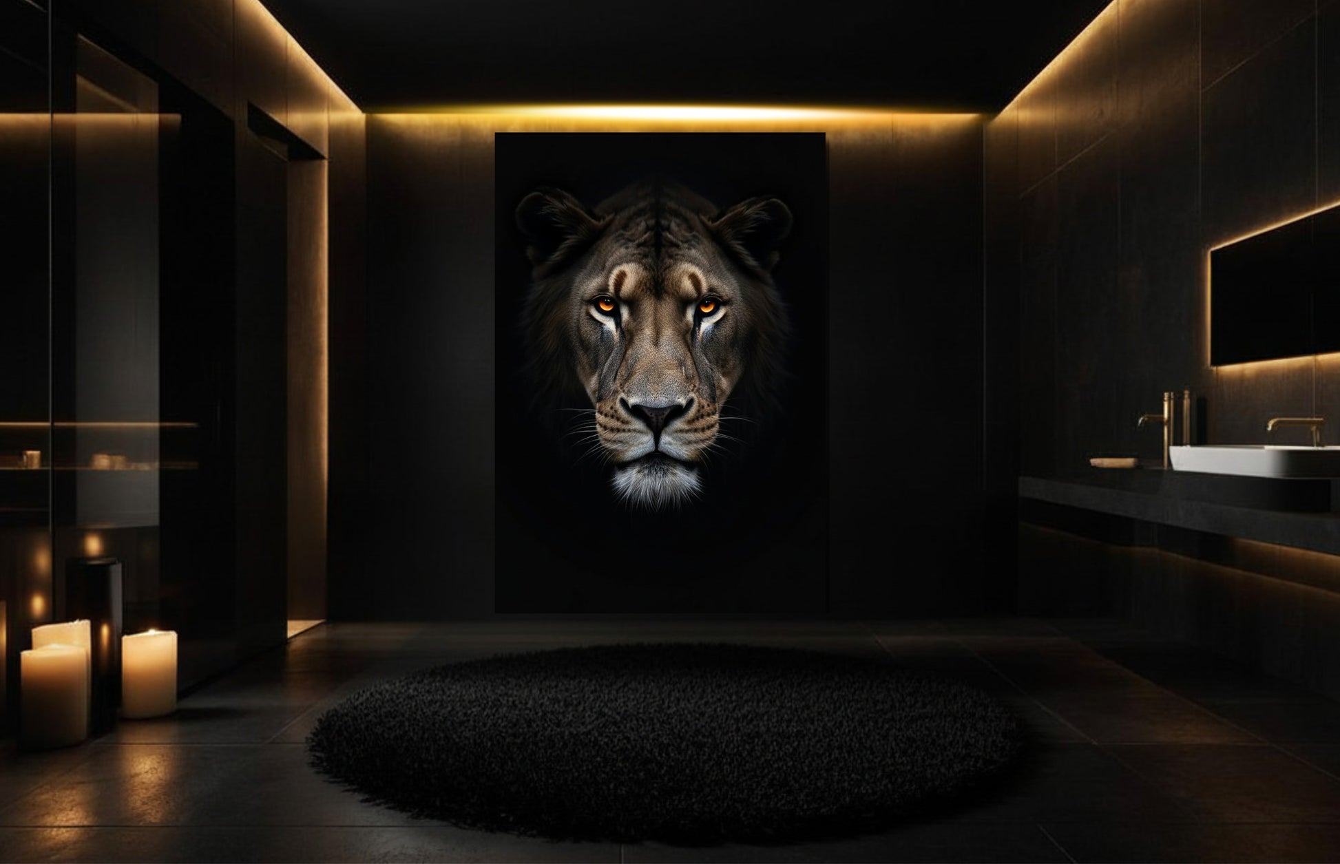 Tiger Wandkunst auf Leinwand in elegantem Badezimmer mit warmer Lichtstimmung