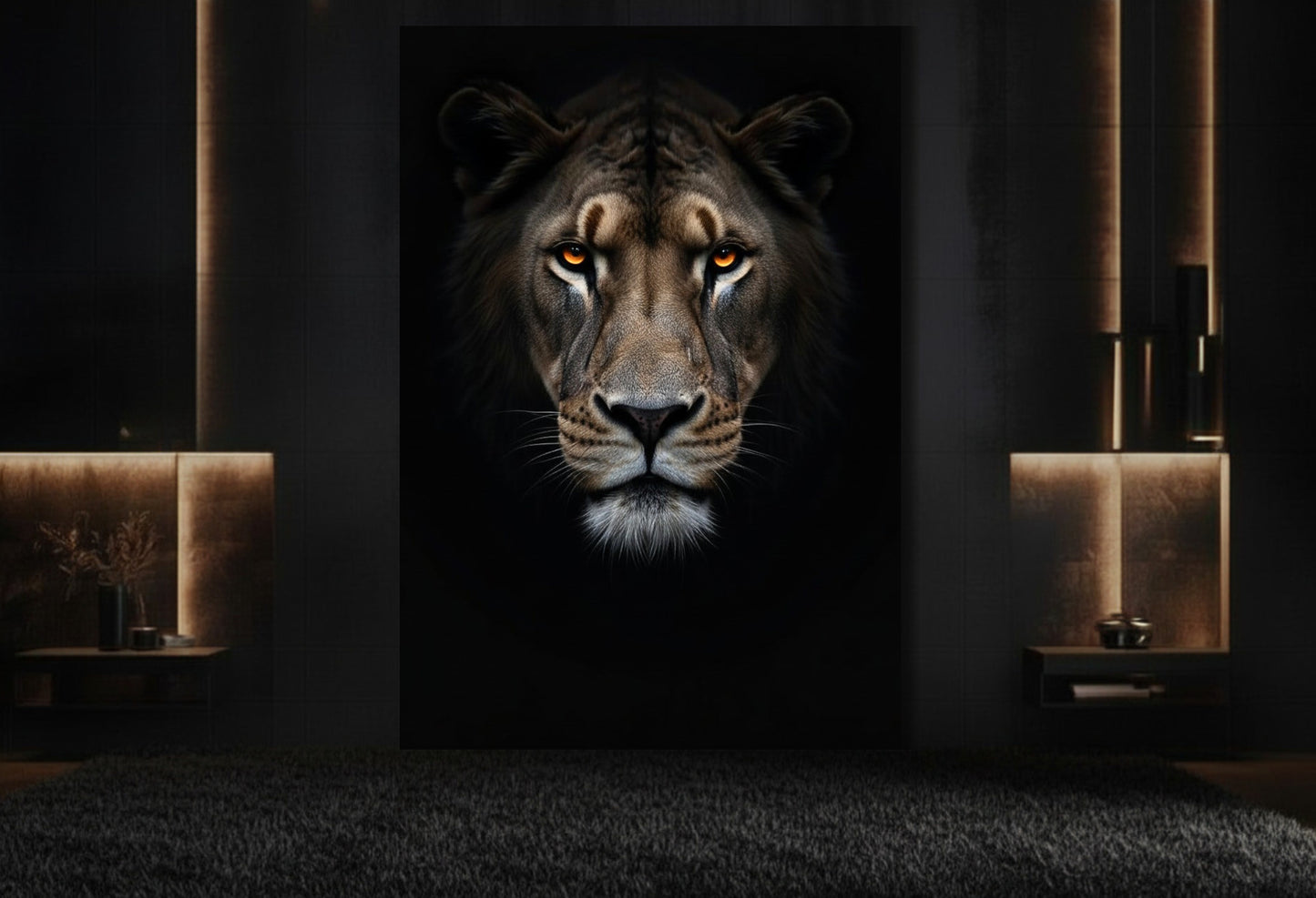 Tiger als Wandkunst auf Leinwand in moderner Lounge mit warmem Licht, ruhiger Atmosphäre und stilvoller Einrichtung