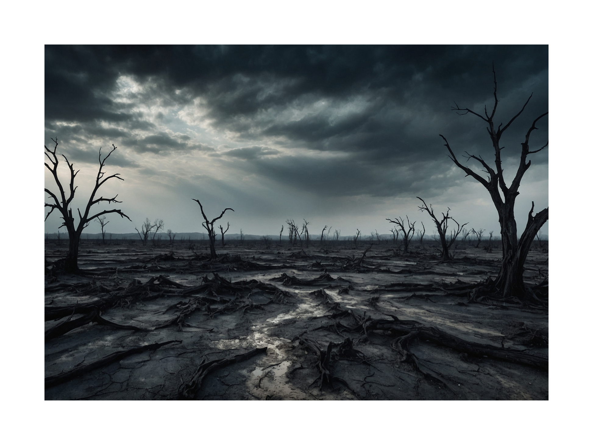 Freigestelltes Poster einer verödeten Landschaft mit dramatischem Himmel und klarer Linienführung im Format 100x70 cm