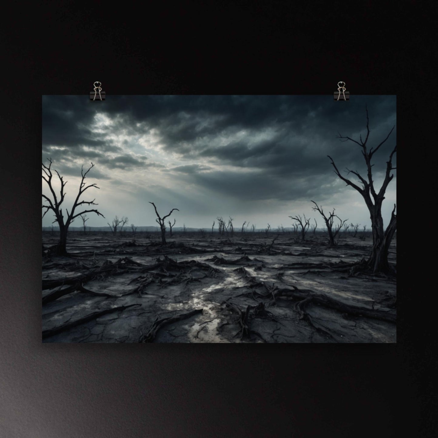Verödete Ebene unter dramatischem Himmel als ruhige Landschaft mit klarer Struktur und weiter Bildwirkung im Format 100x70 cm