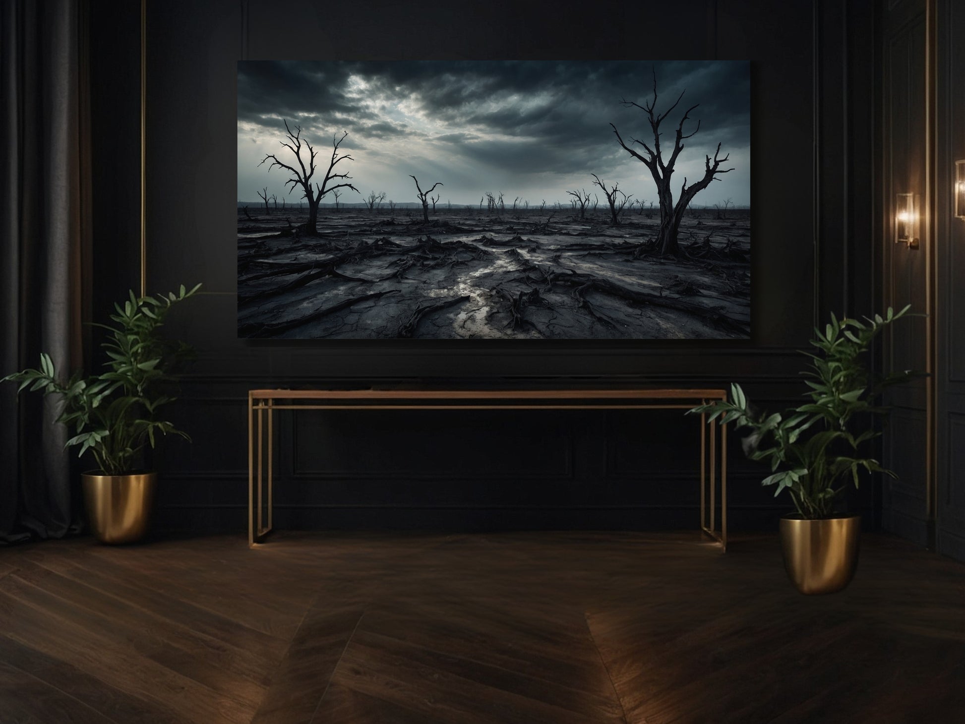 Großes Landschaftsposter mit weiter Ebene und dramatischem Himmel in moderner Galerie oder Flur mit dunkler Wandgestaltung