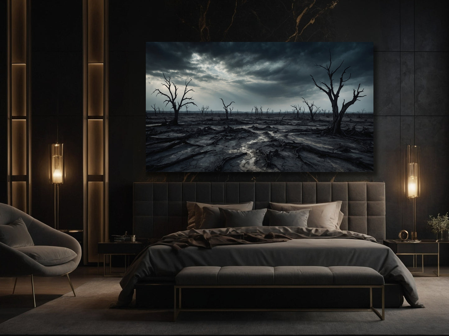 Poster einer ruhigen weiten Landschaft mit dramatischem Himmel über einem modernen Bett in elegantem Schlafzimmer