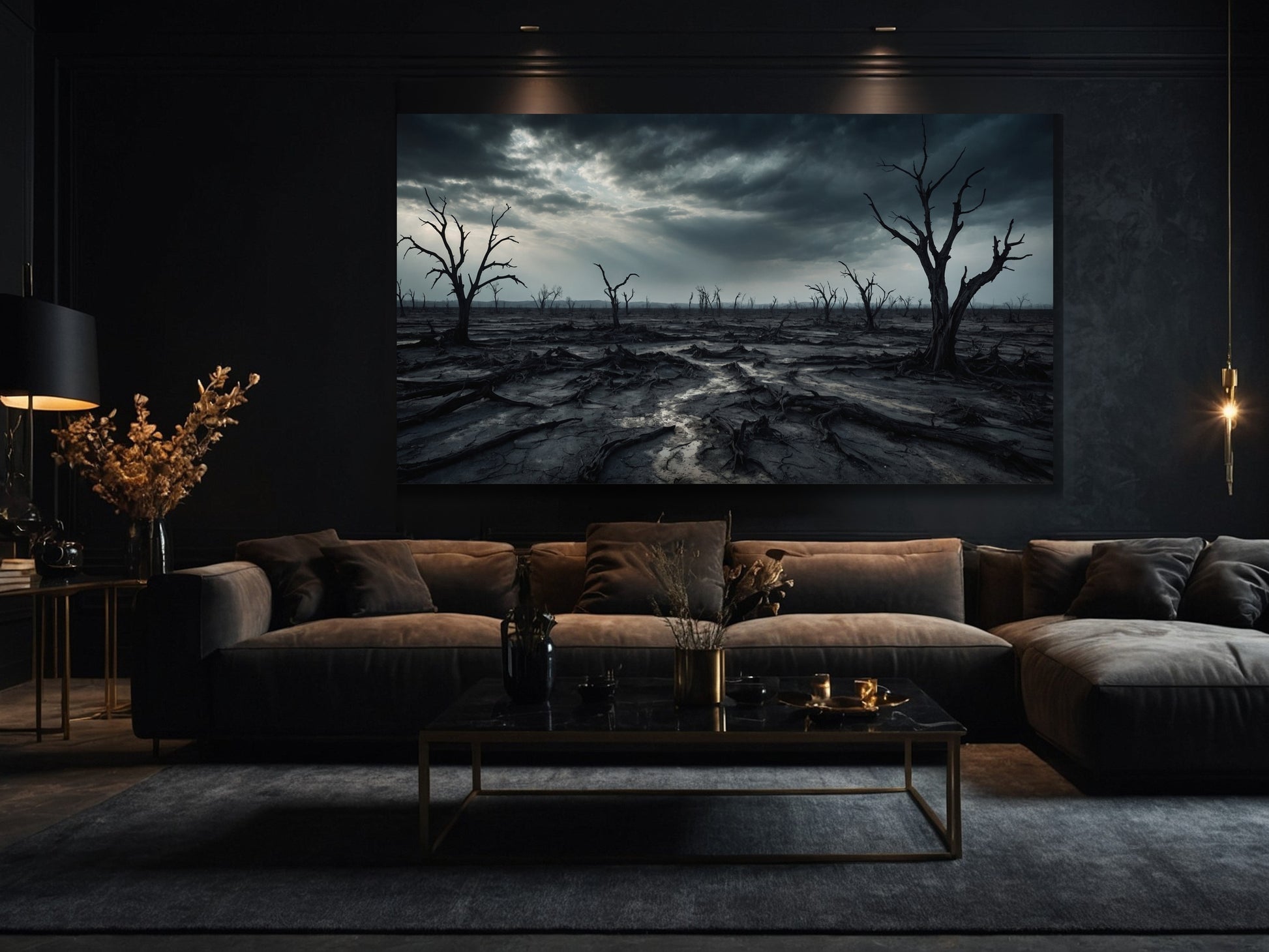 Großformatiges Poster einer verödeten Landschaft mit dramatischem Himmel über Sofa in stilvollem dunklen Wohnzimmer