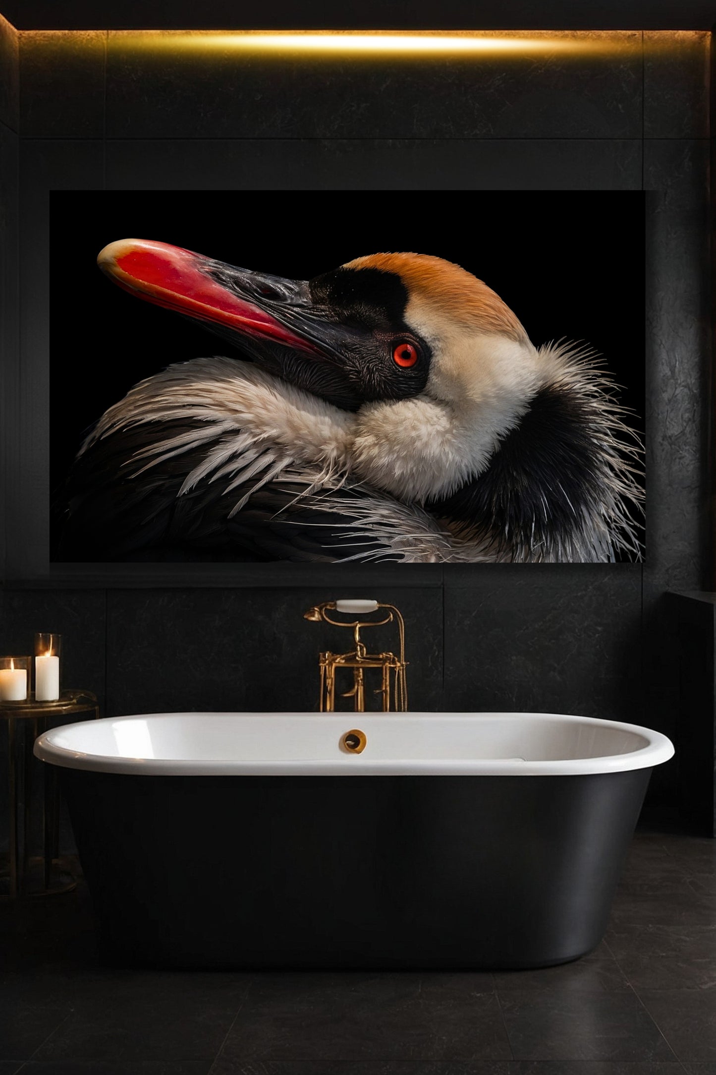 Vogel Leinwand im Querformat 40x60 im Badezimmer mit warmem Licht und ruhiger Spa-Atmosphäre.