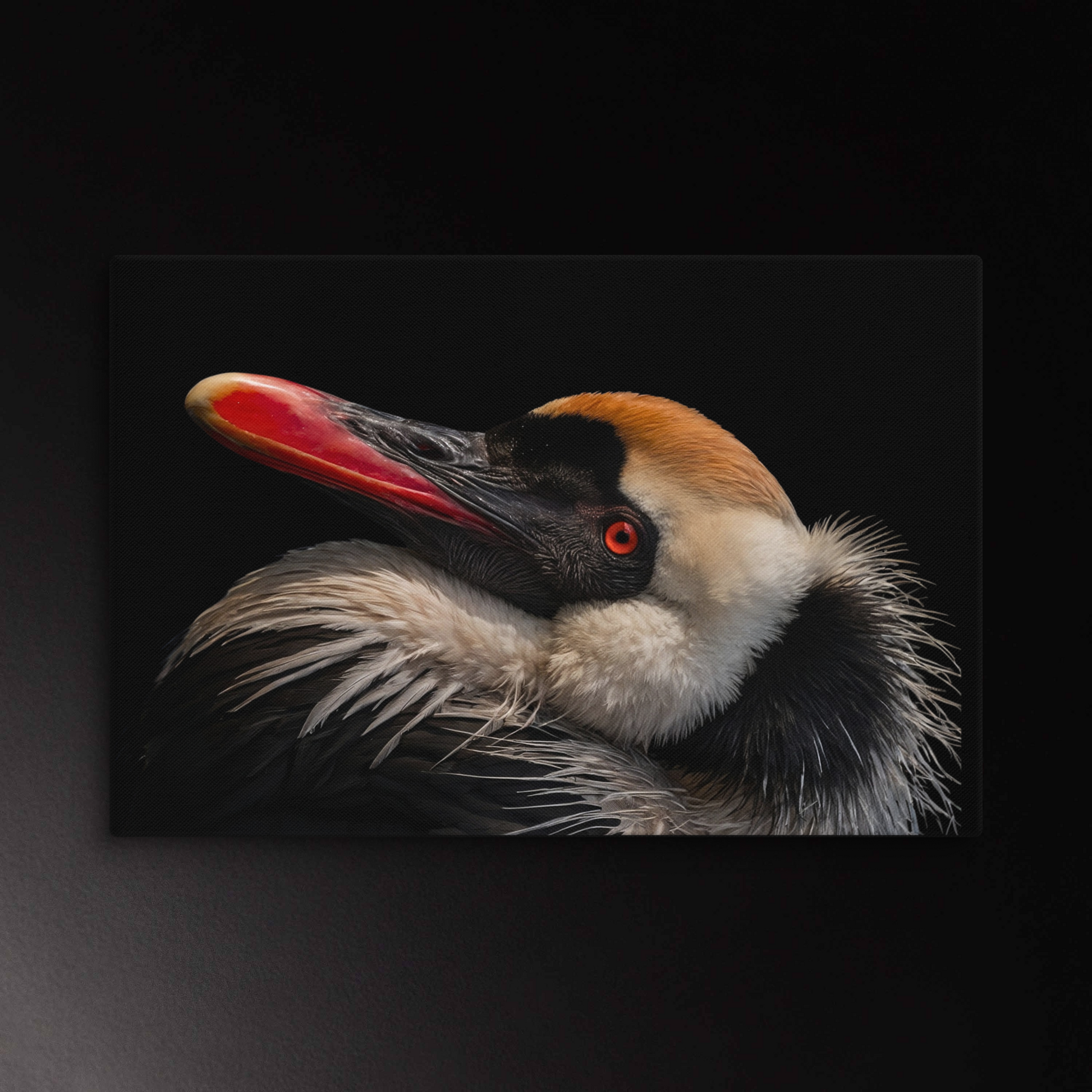 Wandkunst Leinwand im Querformat 40x60 Zoll mit ausdrucksstarkem Vogelporträt im Spiel aus Licht und Schatten auf schwarzem Hintergrund.