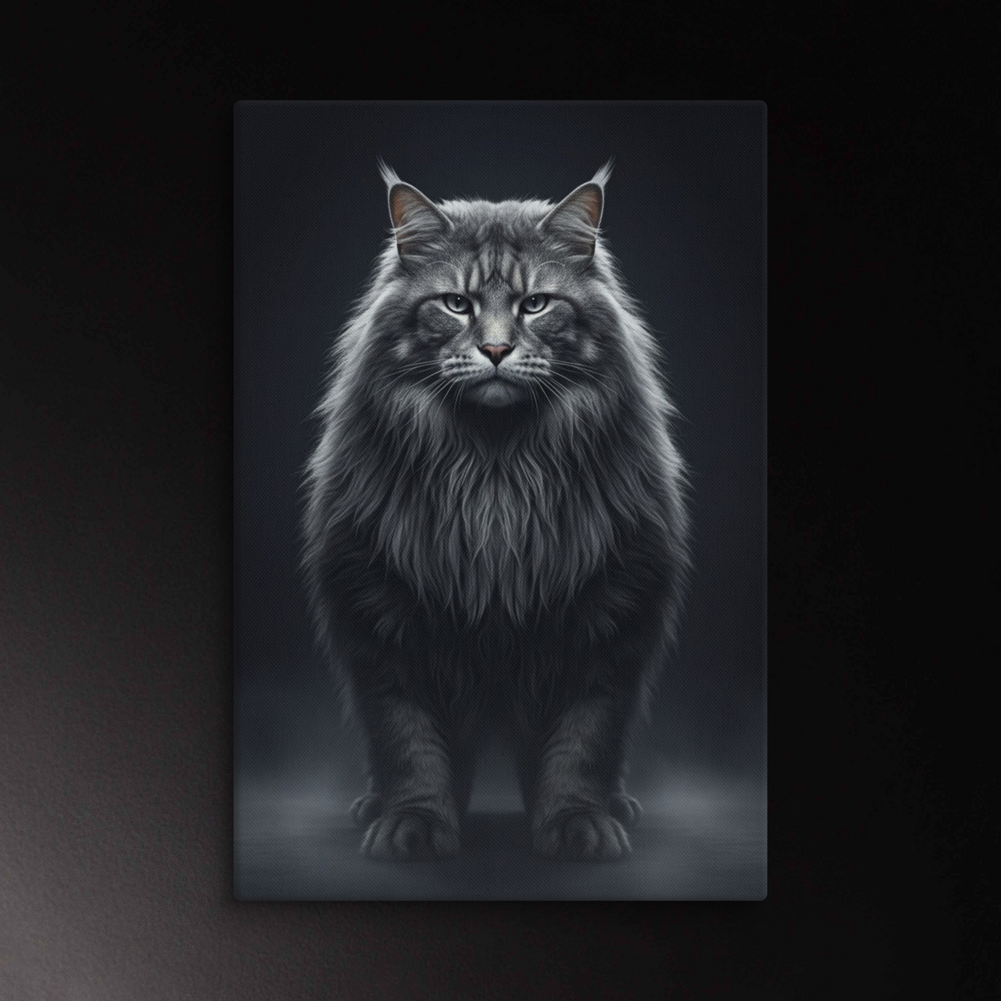 Waldkatze mit langem Fell und intensivem Blick als hochwertige Leinwand Wandkunst im Format 32x48 Zoll mit dunklem Hintergrund und feiner Fellstruktur