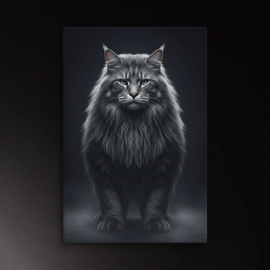 Waldkatze mit langem Fell und intensivem Blick als hochwertige Leinwand Wandkunst im Format 32x48 Zoll mit dunklem Hintergrund und feiner Fellstruktur
