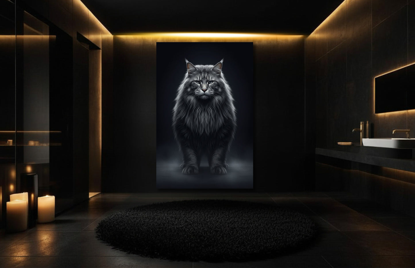 Waldkatze mit langem Fell und intensivem Blick als Leinwandkunst über freistehender Badewanne in luxuriösem Badezimmer mit dunklen Wänden und warmgoldener indirekter Beleuchtung.