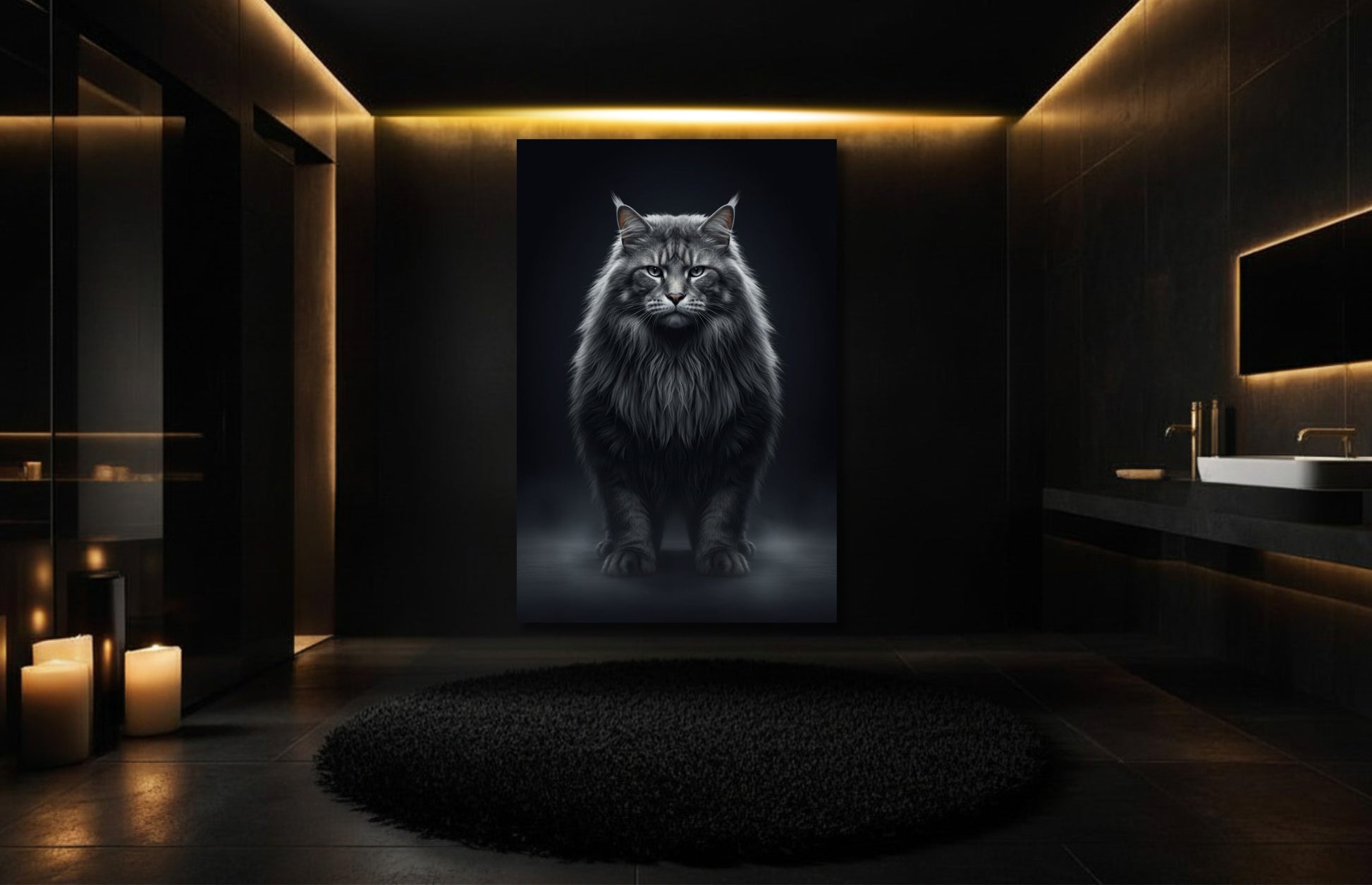 Waldkatze mit langem Fell und intensivem Blick als Leinwandkunst über freistehender Badewanne in luxuriösem Badezimmer mit dunklen Wänden und warmgoldener indirekter Beleuchtung.