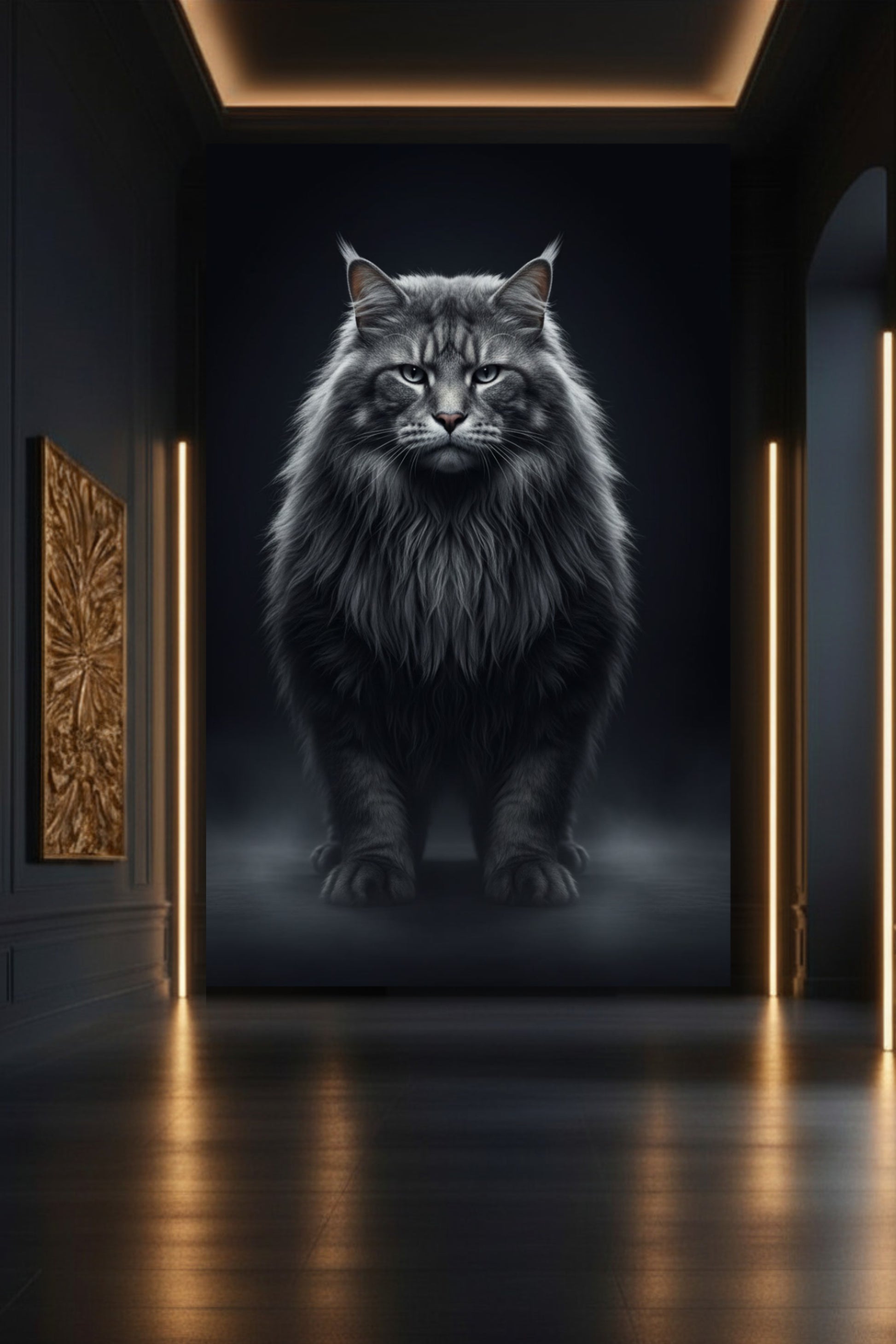 Waldkatze als großformatige Leinwand Wandkunst in eleganter Galerie mit dunklem Interior und atmosphärischer Beleuchtung