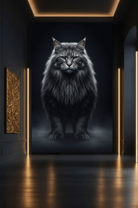 Waldkatze als großformatige Leinwand Wandkunst in eleganter Galerie mit dunklem Interior und atmosphärischer Beleuchtung