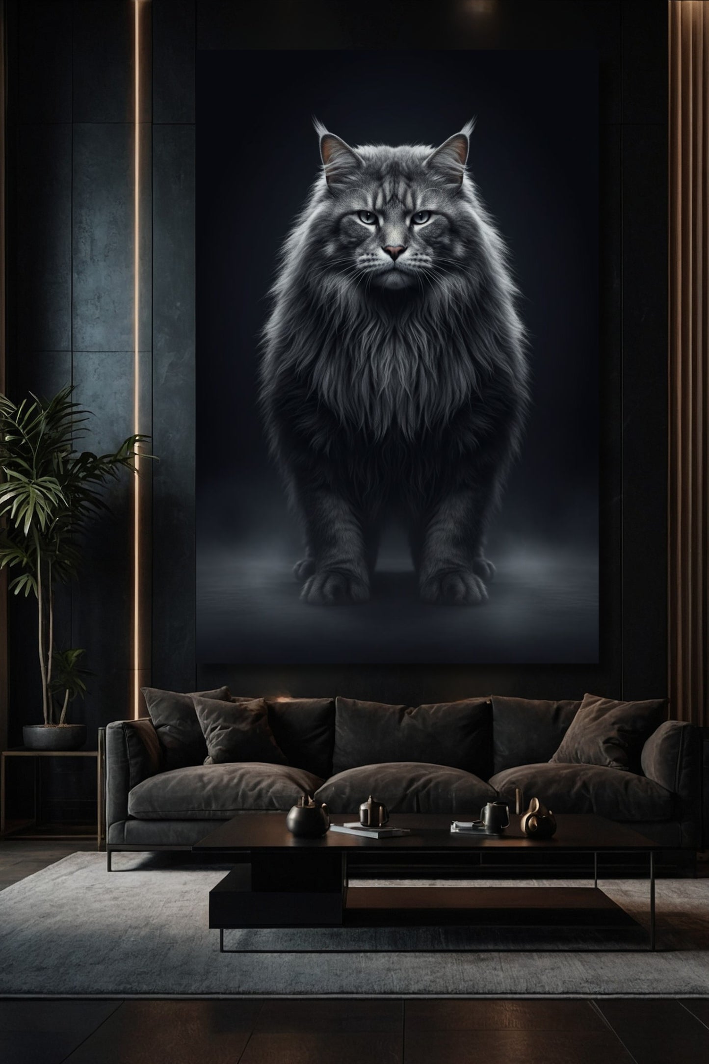 Waldkatze als Leinwand Wandkunst über Sofa in modernem Wohnzimmer mit dunkler Atmosphäre und eleganter indirekter Beleuchtung