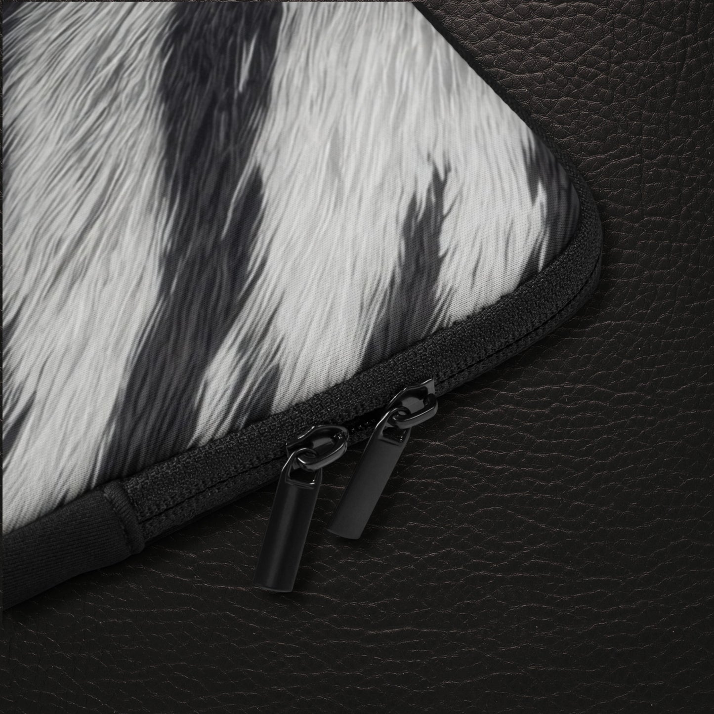 Detailaufnahme der weißen Tigerfell Laptop Tasche mit schwarzen Reißverschlüssen und feiner Fellstruktur