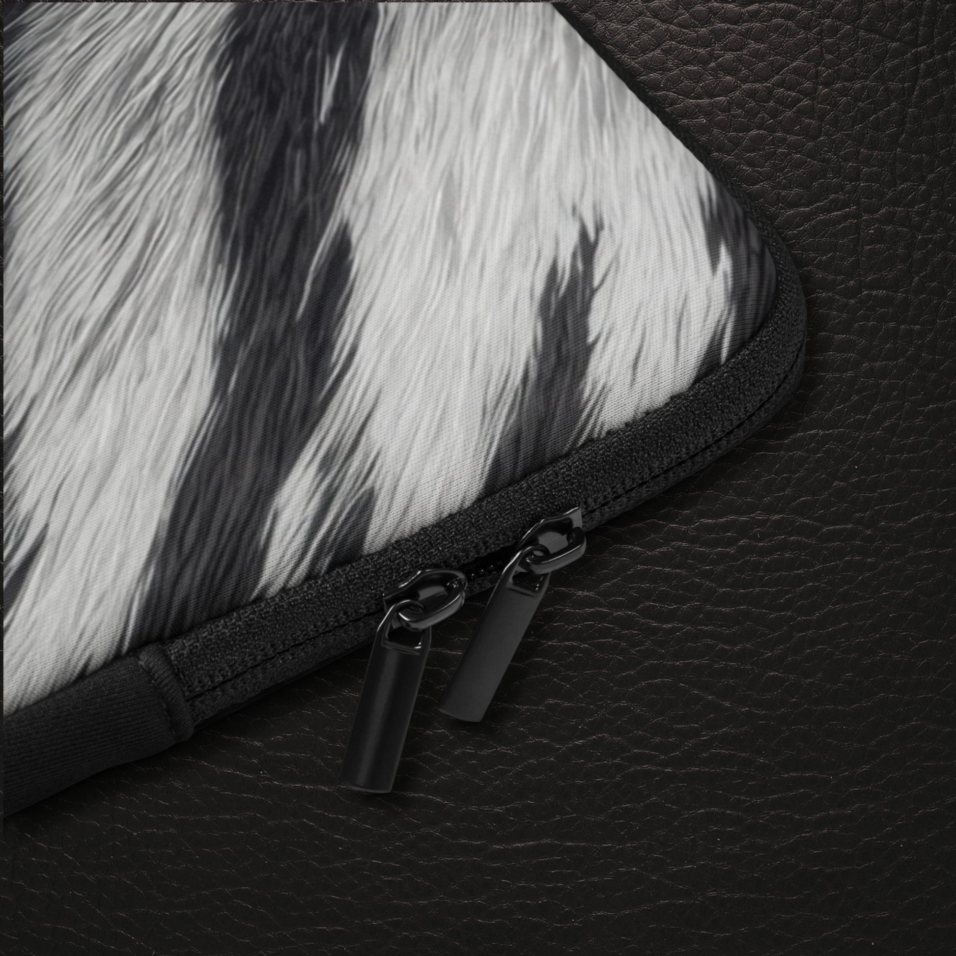 Detailaufnahme der weißen Tigerfell Laptop Tasche mit schwarzen Reißverschlüssen und feiner Fellstruktur