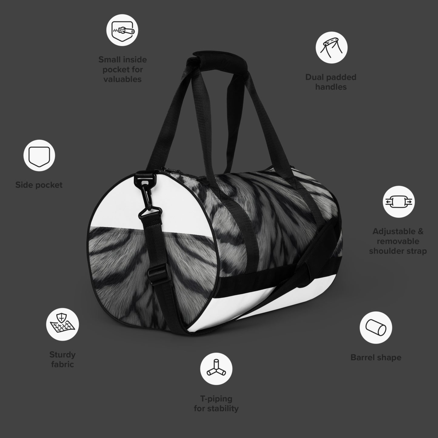 Sporttasche mit weißem Tigerfell Design mit Funktionsübersicht und funktionalen Details wie Schultergurt, Innentasche und bedrucktem Aussenfach