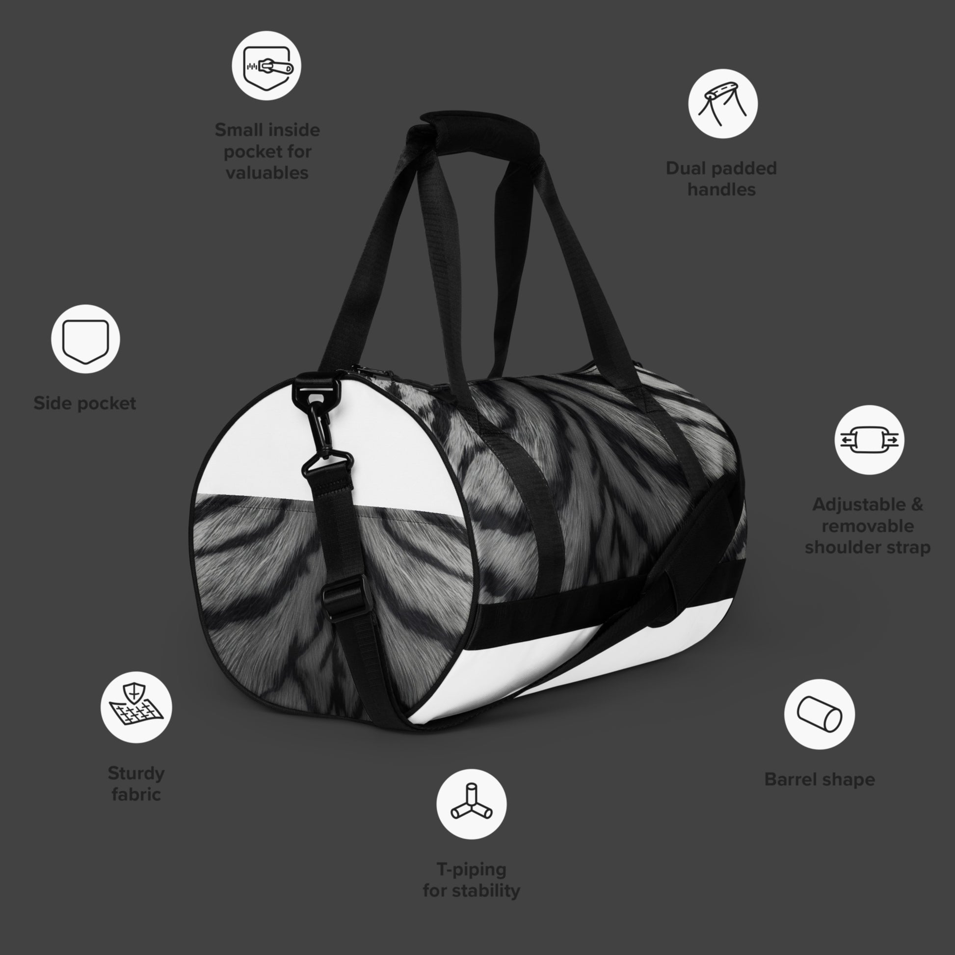 Sporttasche mit weißem Tigerfell Design mit Funktionsübersicht und funktionalen Details wie Schultergurt, Innentasche und bedrucktem Aussenfach