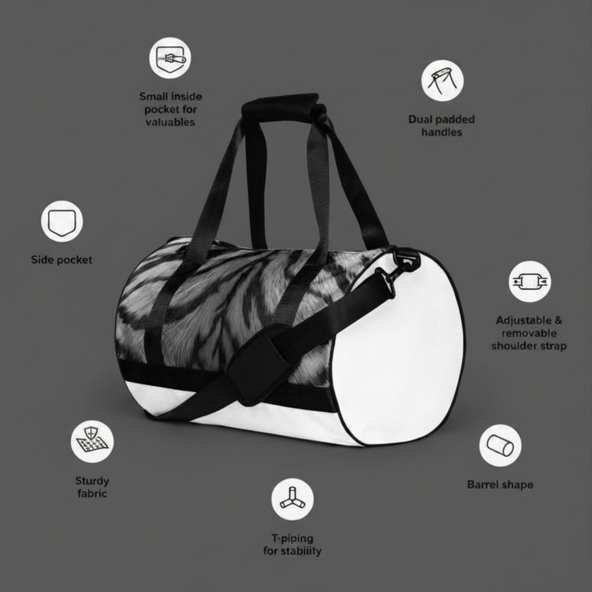 Weißer Tiger Sporttasche mit Funktionsübersicht und luxuriöser monochromer Felloptik